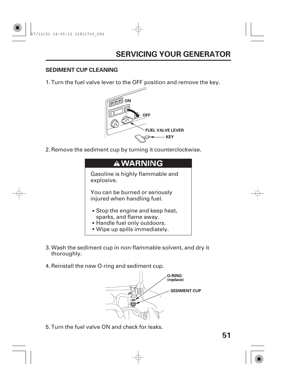 Sediment cup cleaning, 51 servicing your generator | HONDA EM5000is User Manual | Page 53 / 104