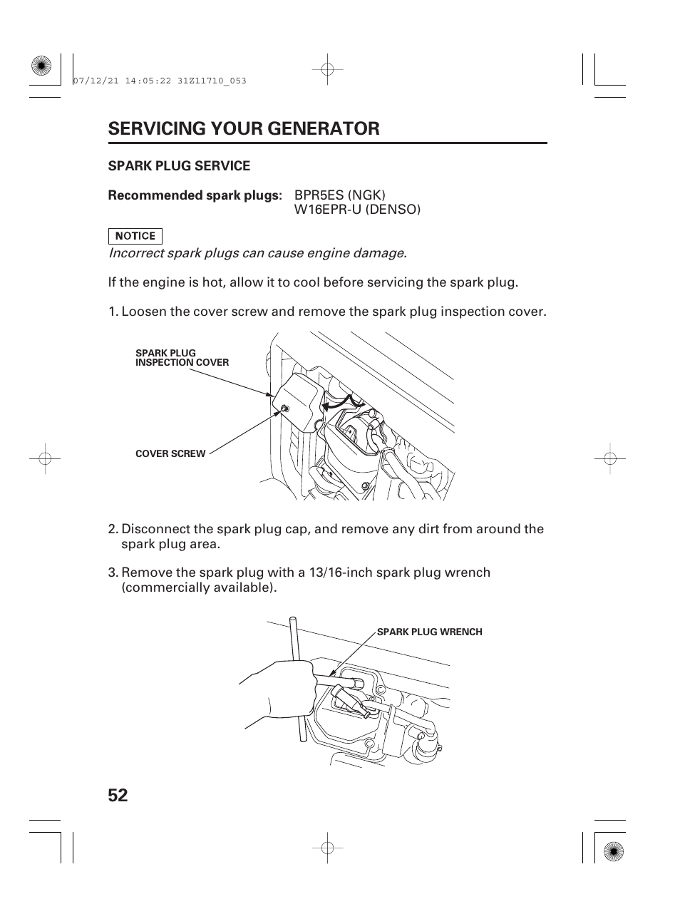 Spark plug service, 52 servicing your generator | HONDA EM5000is User Manual | Page 54 / 104