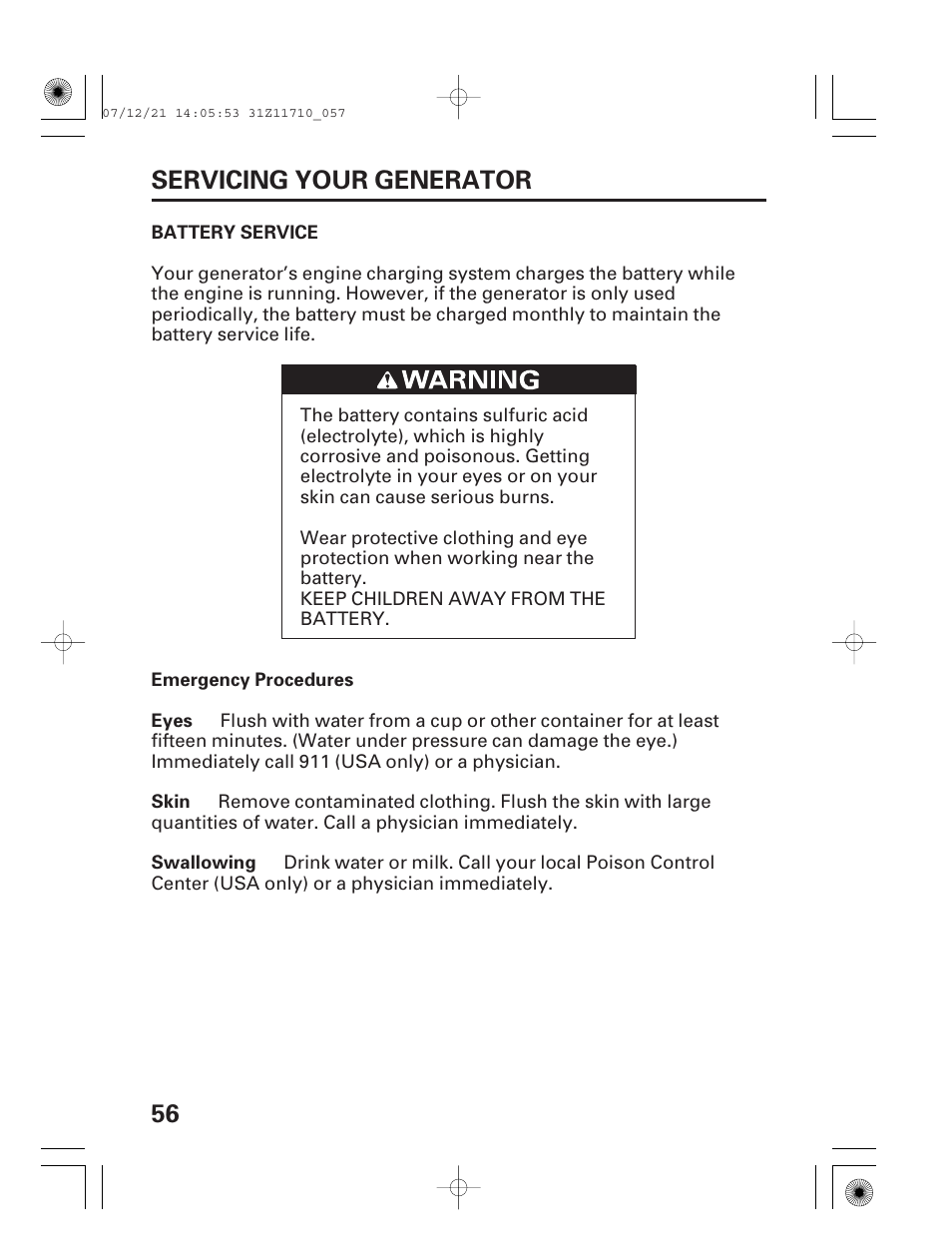 Battery service, Emergency procedures, 56 servicing your generator | HONDA EM5000is User Manual | Page 58 / 104