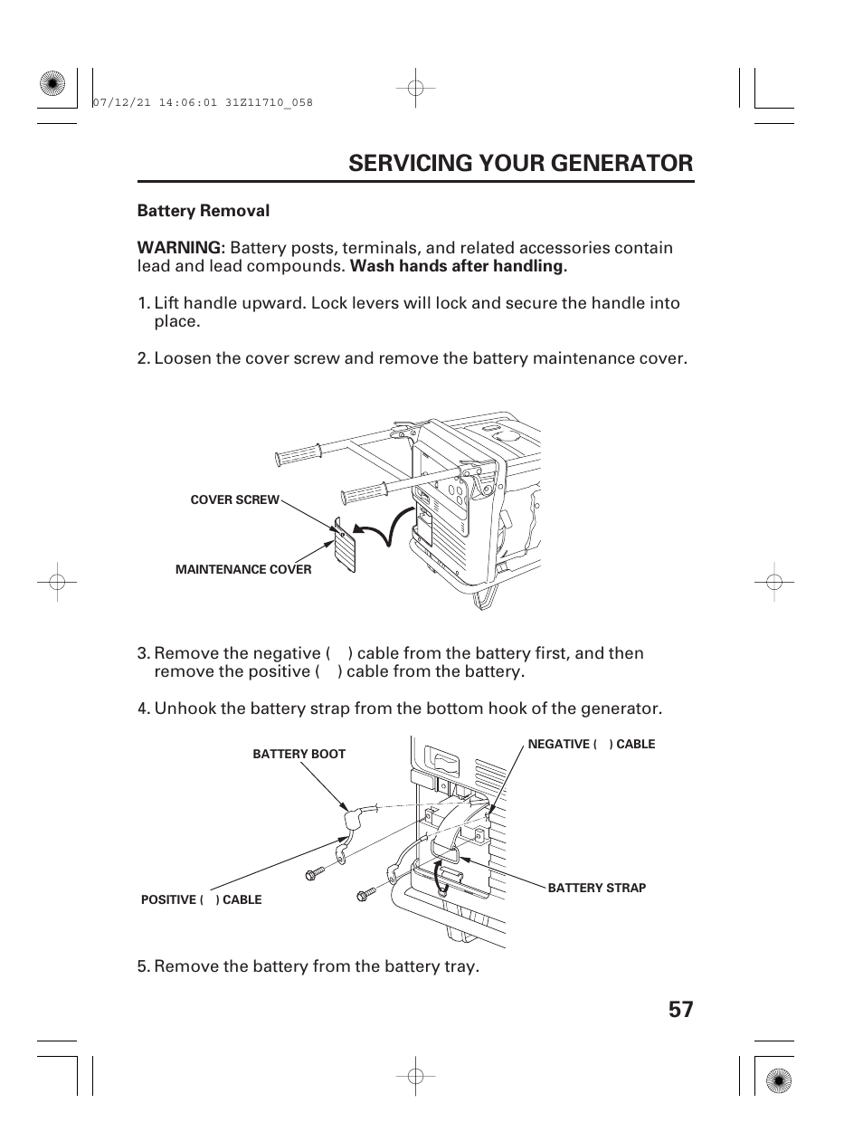 Battery removal, 57 servicing your generator | HONDA EM5000is User Manual | Page 59 / 104