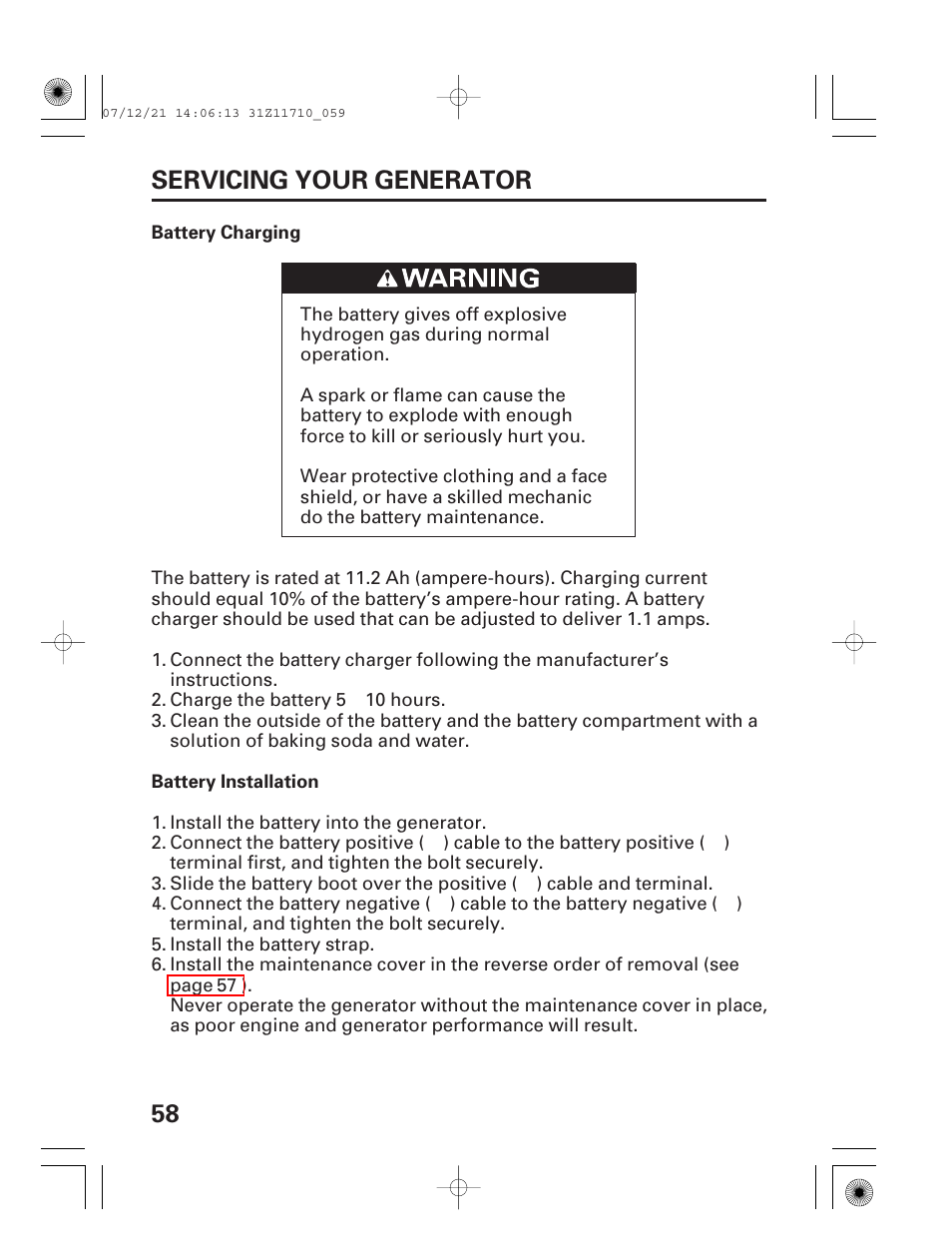 Battery charging, Battery installation, 58 servicing your generator | HONDA EM5000is User Manual | Page 60 / 104