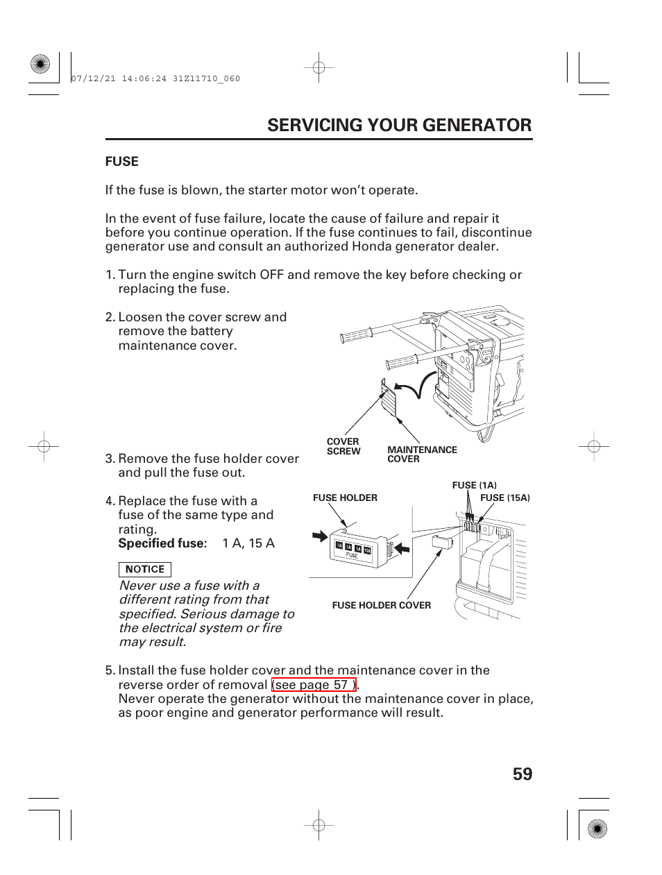 Fuse, 59 servicing your generator | HONDA EM5000is User Manual | Page 61 / 104