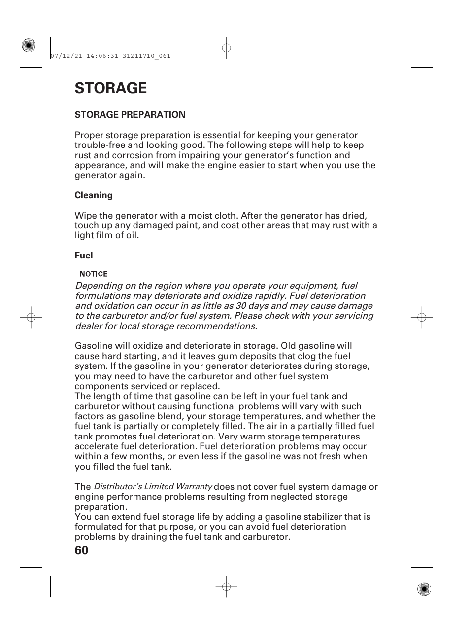 Storage, Storage preparation, Cleaning | Fuel | HONDA EM5000is User Manual | Page 62 / 104