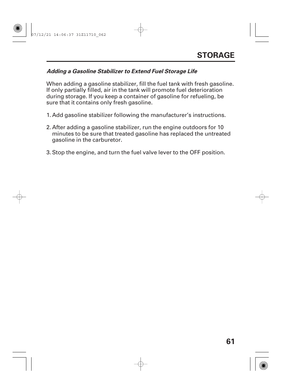 61 storage | HONDA EM5000is User Manual | Page 63 / 104