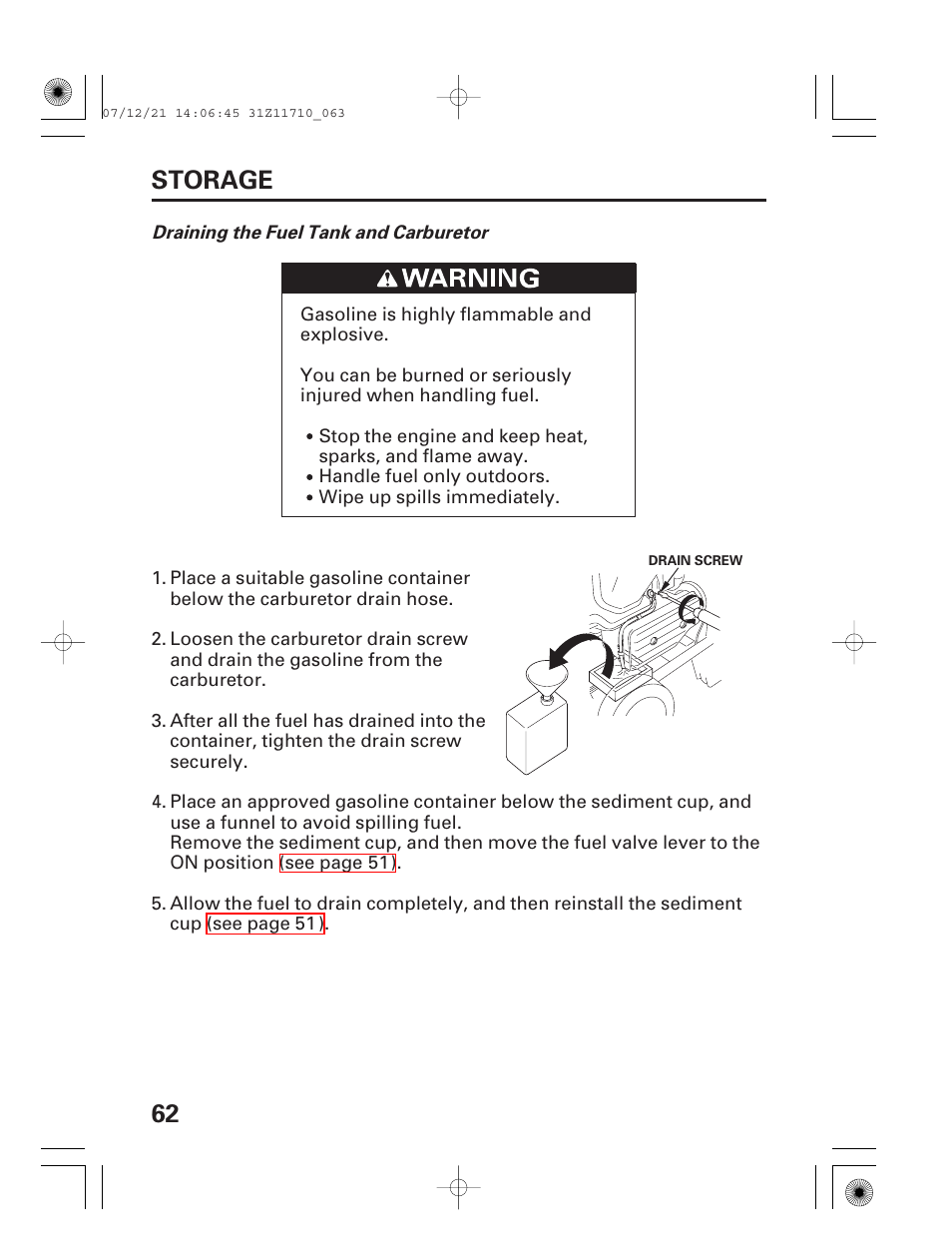 62 storage | HONDA EM5000is User Manual | Page 64 / 104