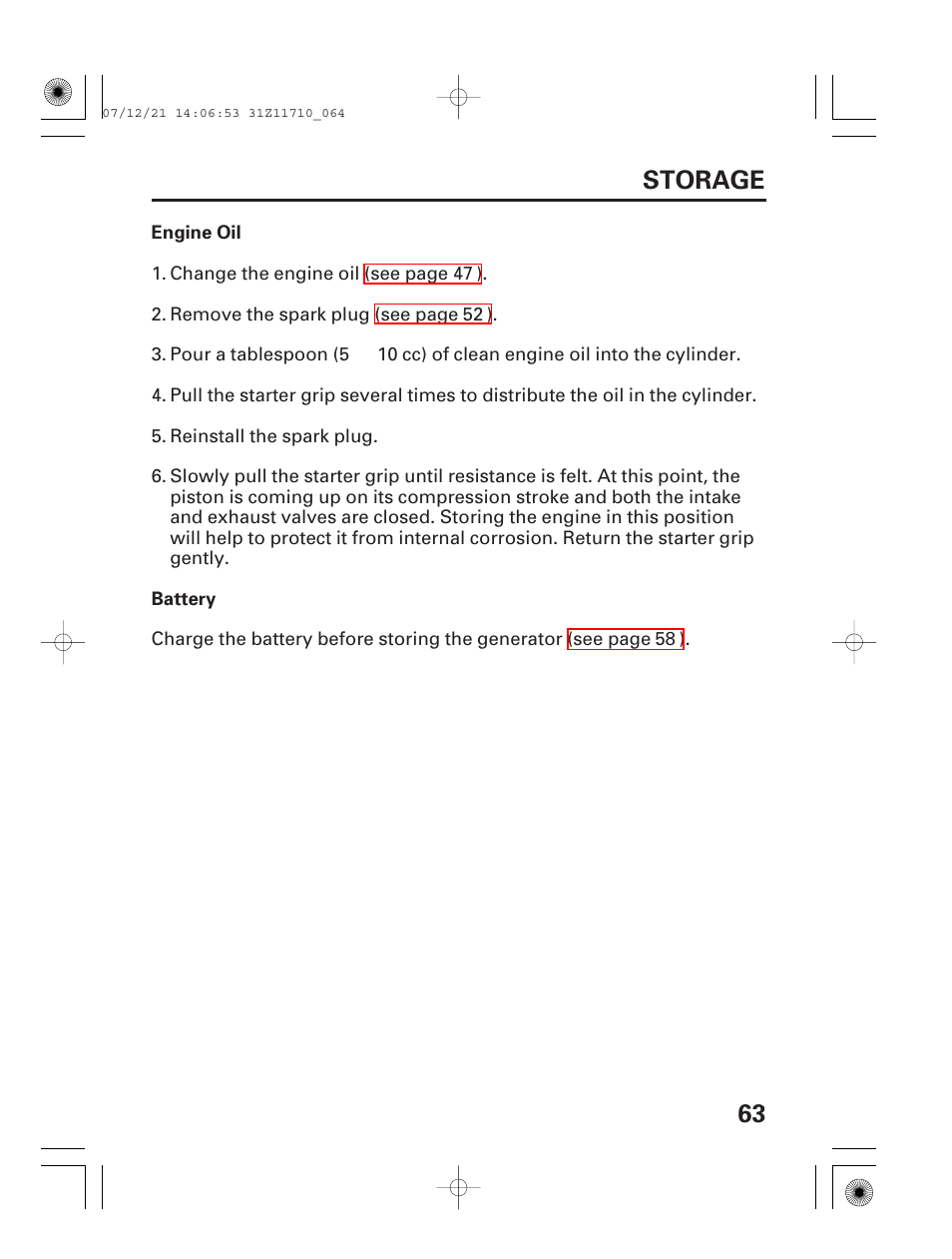 Engine oil, Battery, 63 storage | HONDA EM5000is User Manual | Page 65 / 104