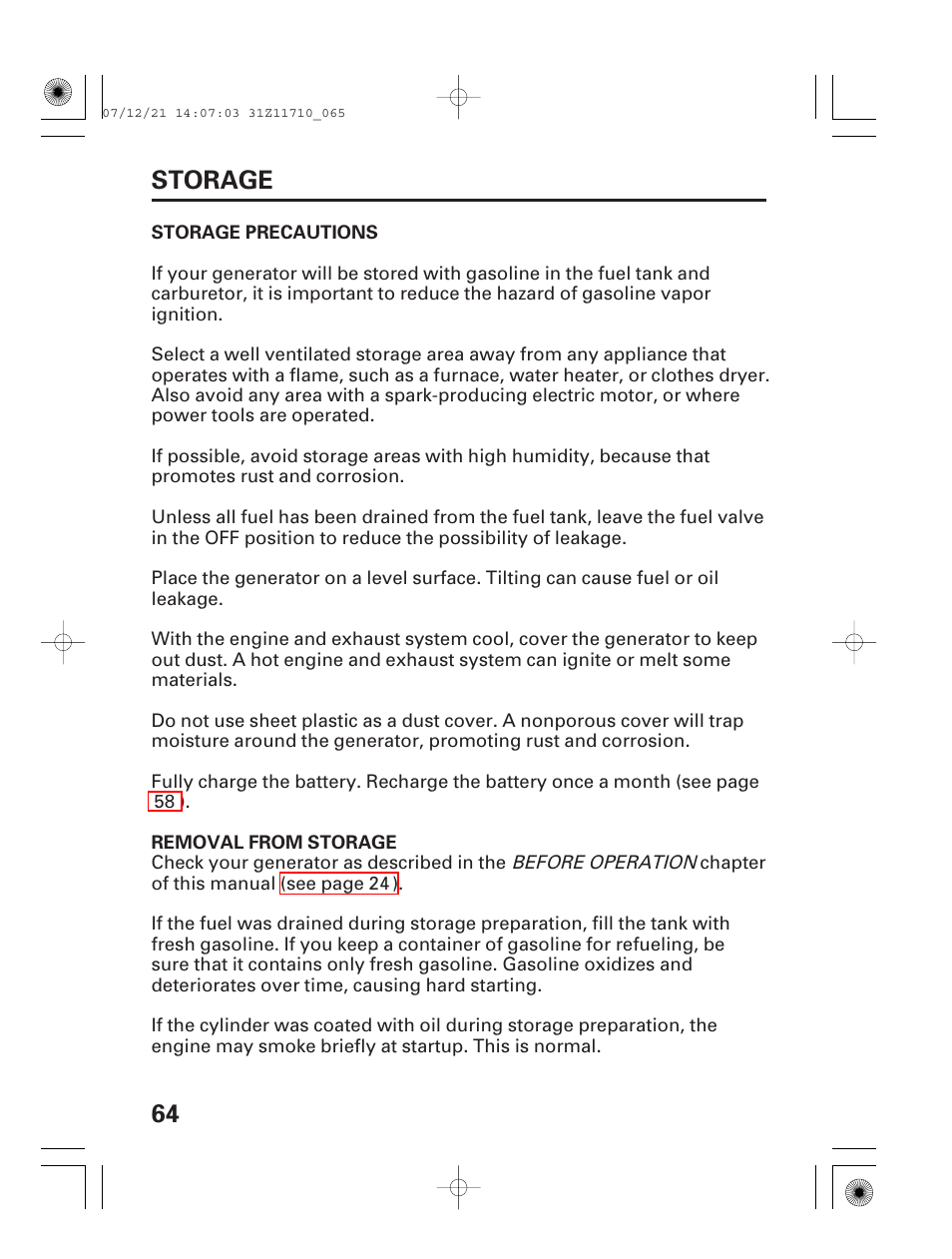Storage precautions, Removal from storage, 64 storage | HONDA EM5000is User Manual | Page 66 / 104