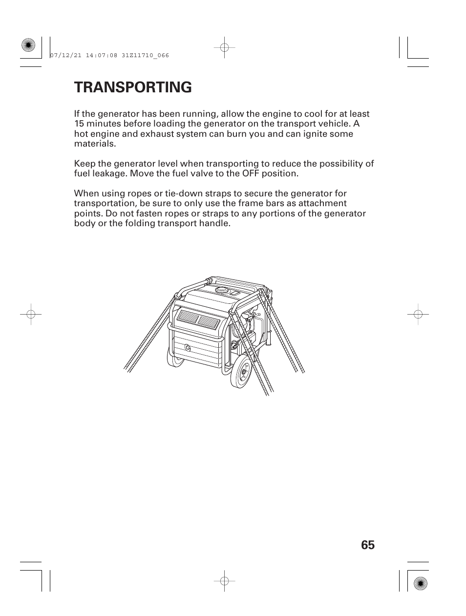 Transporting | HONDA EM5000is User Manual | Page 67 / 104