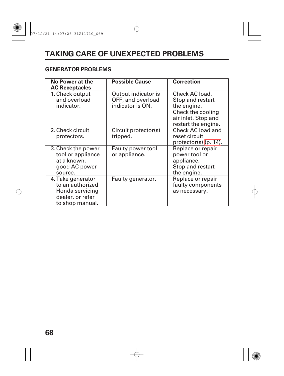 Generator problems, 68 taking care of unexpected problems | HONDA EM5000is User Manual | Page 70 / 104