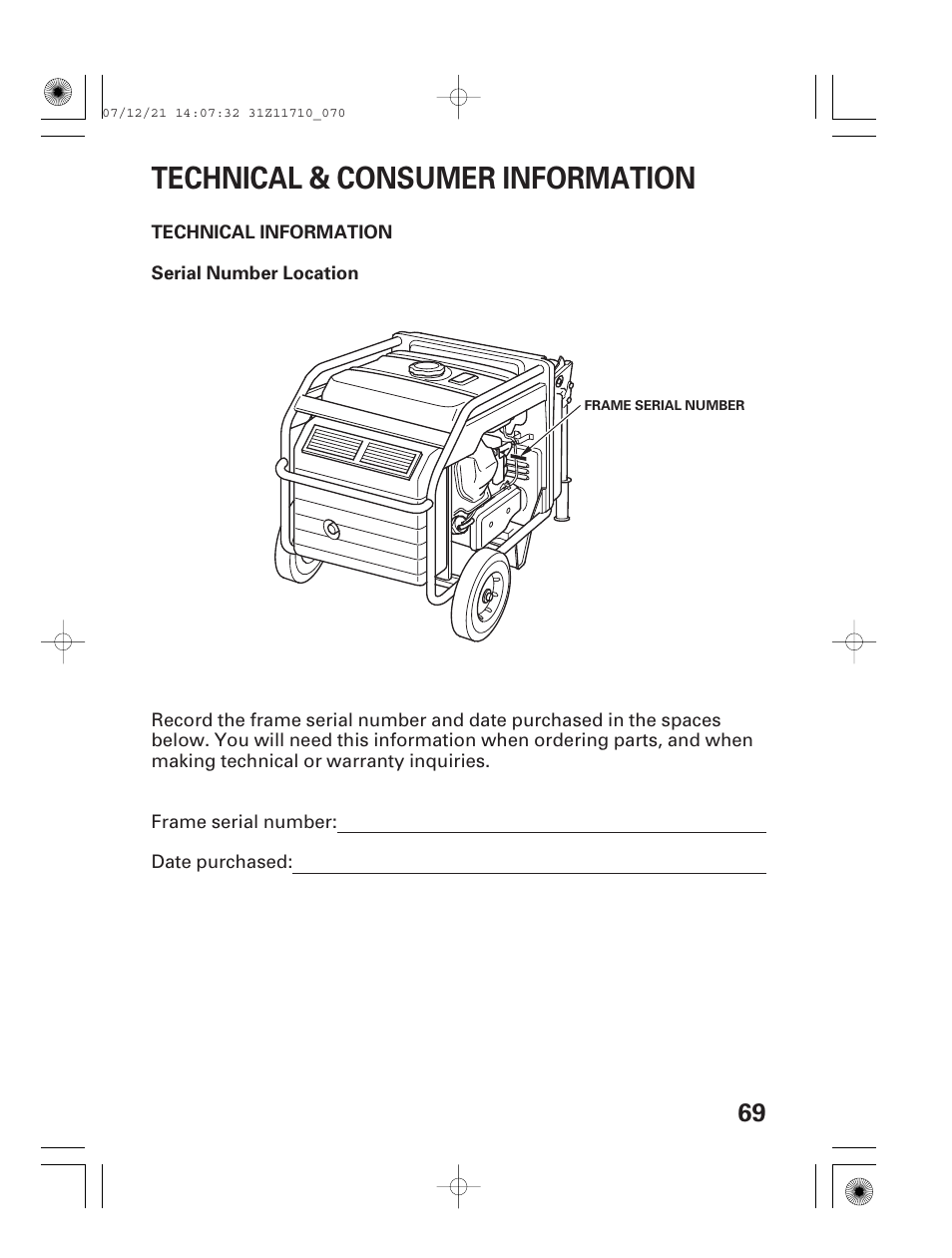 Technical & consumer information, Technical information, Serial number location | HONDA EM5000is User Manual | Page 71 / 104