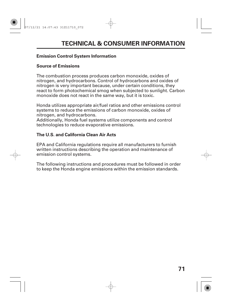 Emission control system information, 71 technical & consumer information | HONDA EM5000is User Manual | Page 73 / 104
