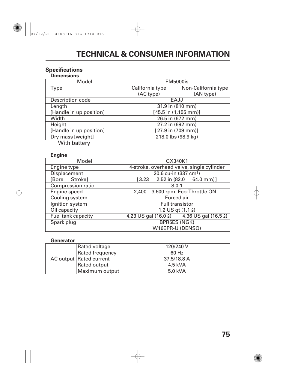 Specifications, 75 technical & consumer information | HONDA EM5000is User Manual | Page 77 / 104