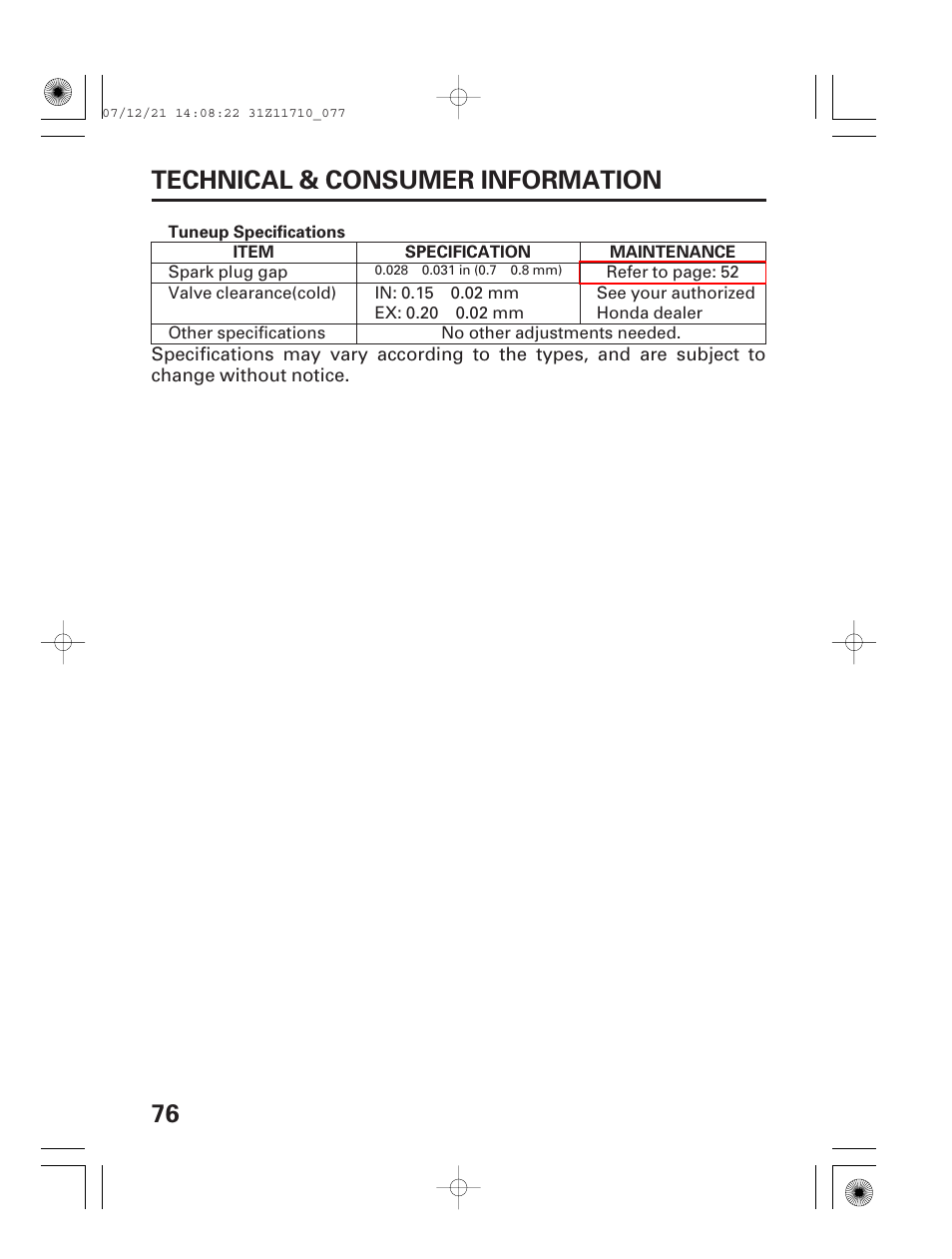Tuneup specifications, 76 technical & consumer information | HONDA EM5000is User Manual | Page 78 / 104