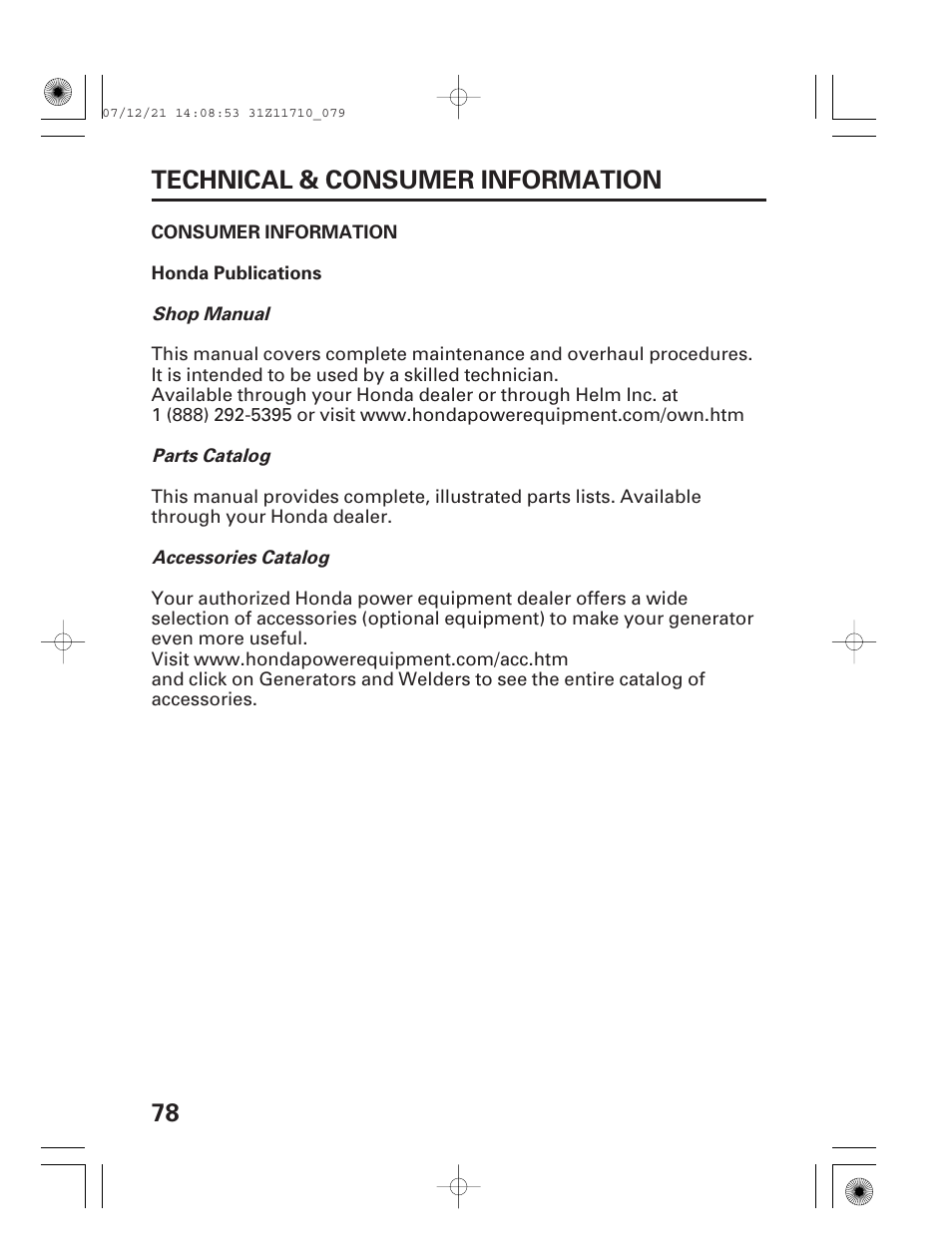 Consumer information, Honda publications, 78 technical & consumer information | HONDA EM5000is User Manual | Page 80 / 104
