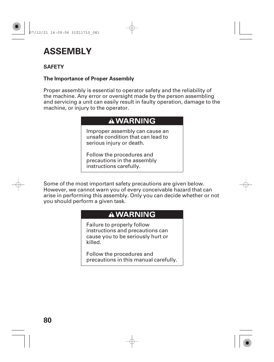 Assembly, Safety, The importance of proper assembly | HONDA EM5000is User Manual | Page 82 / 104