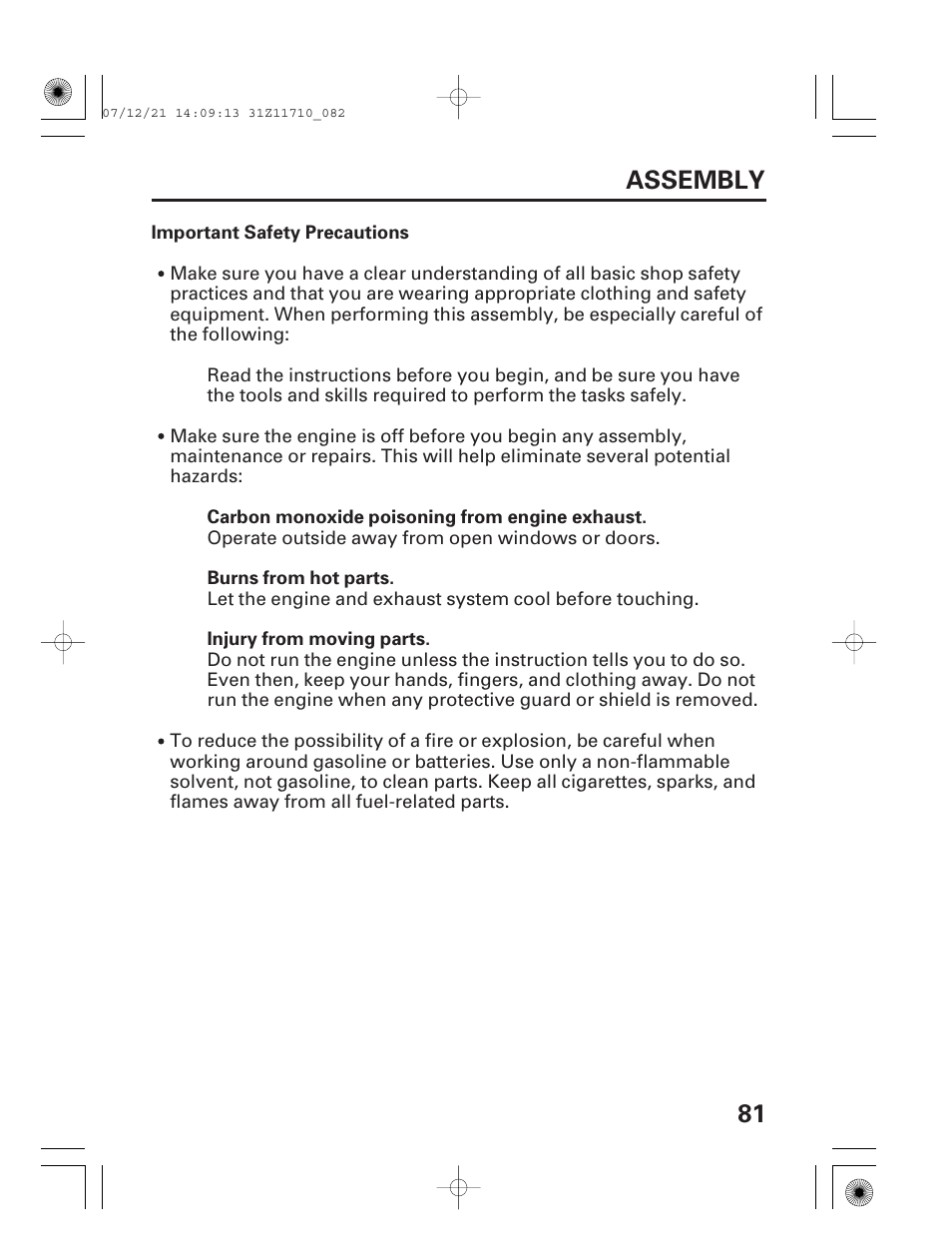Important safety precautions, 81 assembly | HONDA EM5000is User Manual | Page 83 / 104
