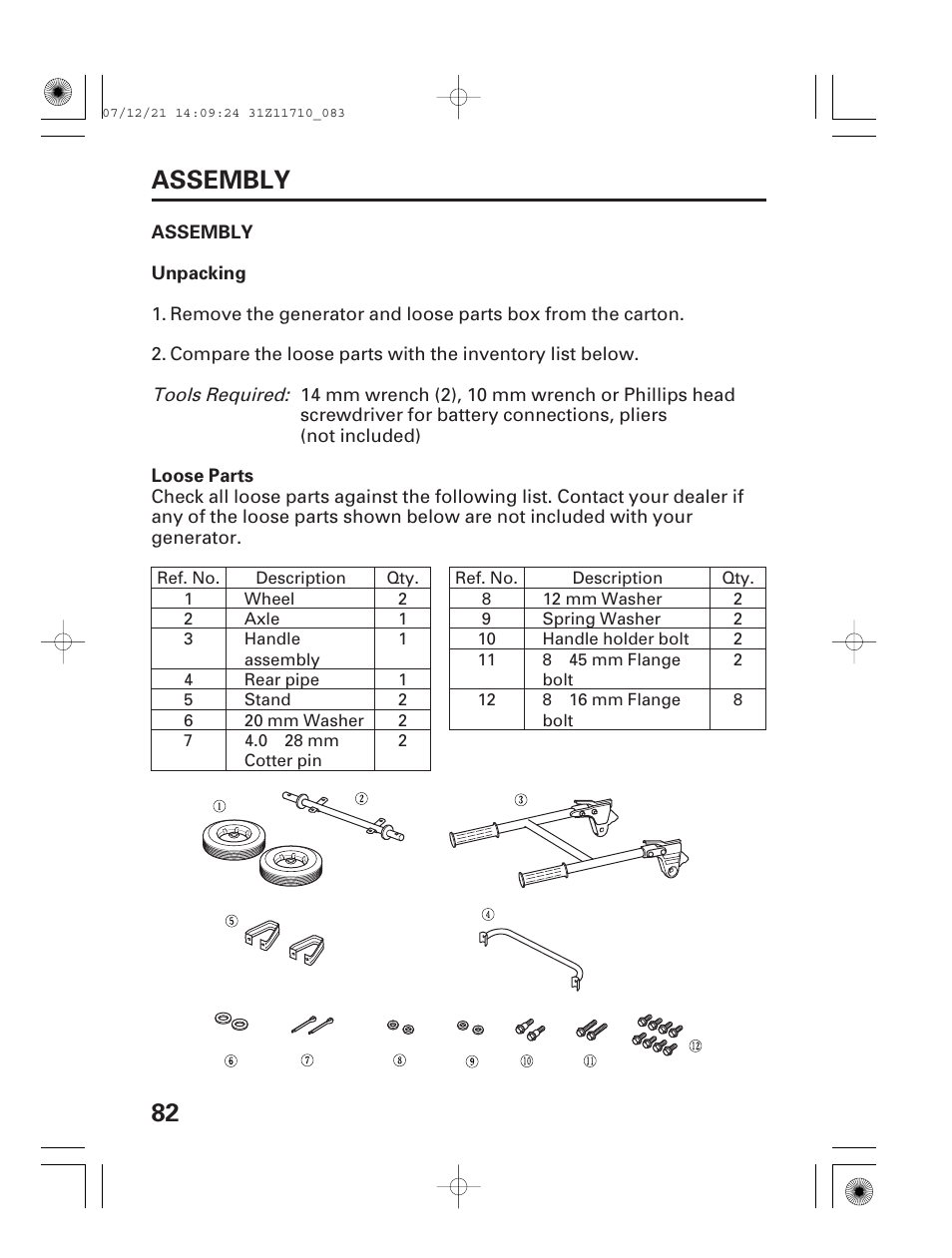 Assembly, Unpacking, Loose parts | 82 assembly | HONDA EM5000is User Manual | Page 84 / 104