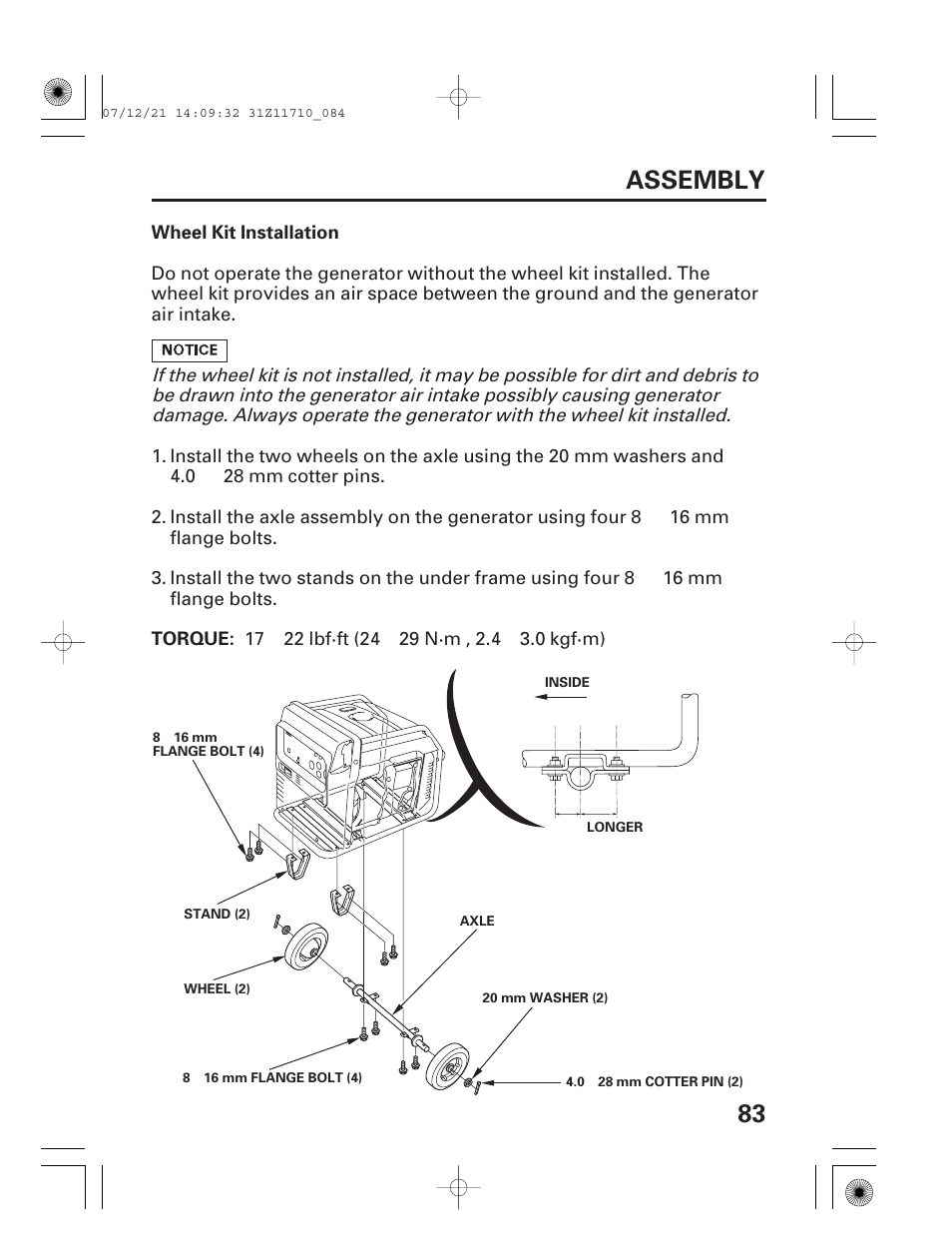 Wheel kit installation, 83 assembly | HONDA EM5000is User Manual | Page 85 / 104