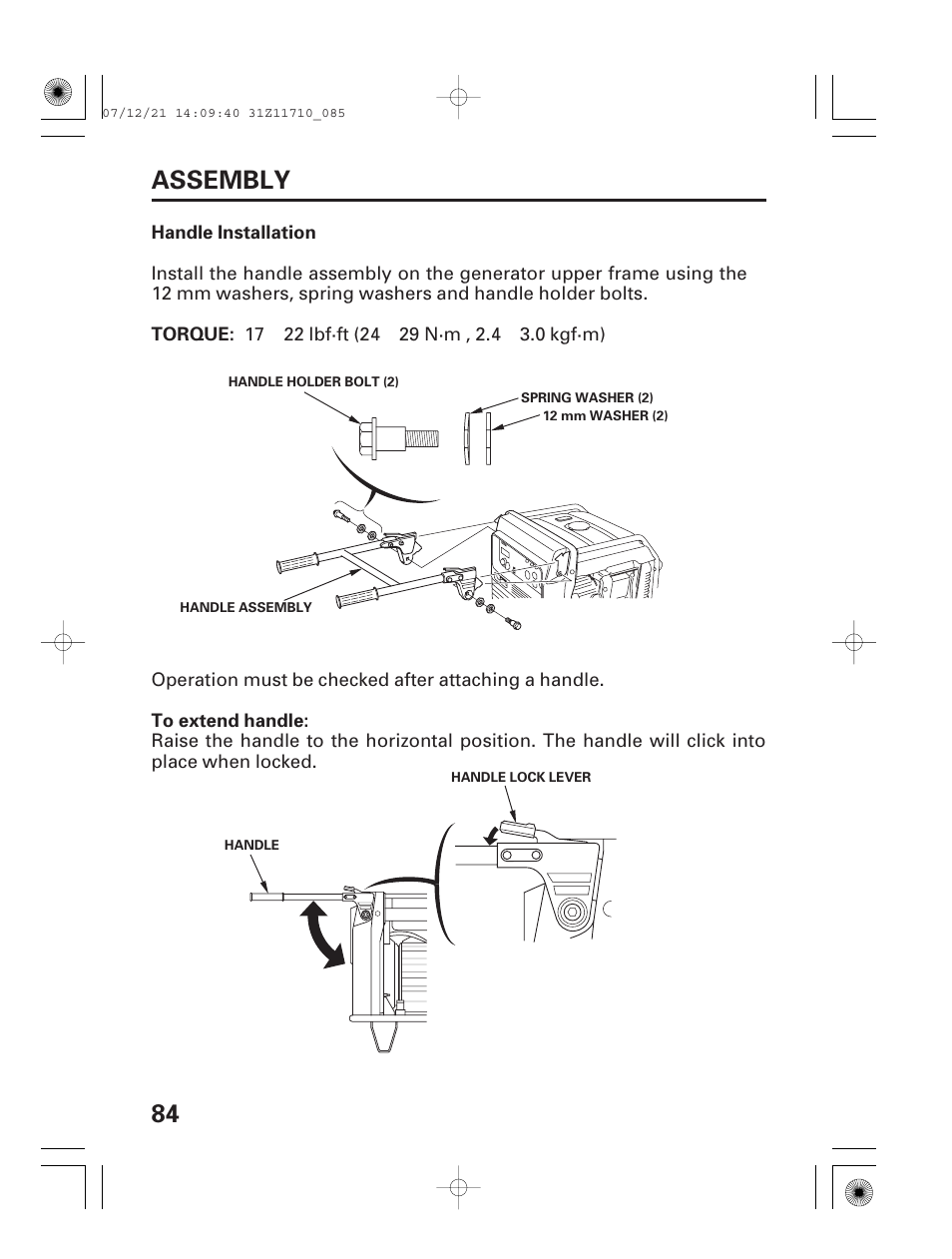 Handle installation, 84 assembly | HONDA EM5000is User Manual | Page 86 / 104