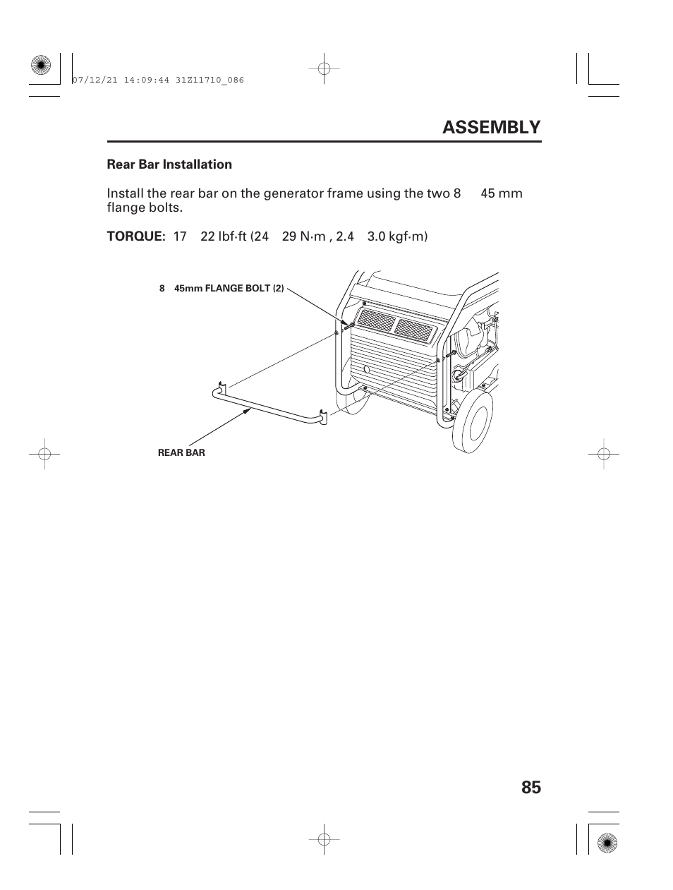 Rear bar installation, 85 assembly | HONDA EM5000is User Manual | Page 87 / 104