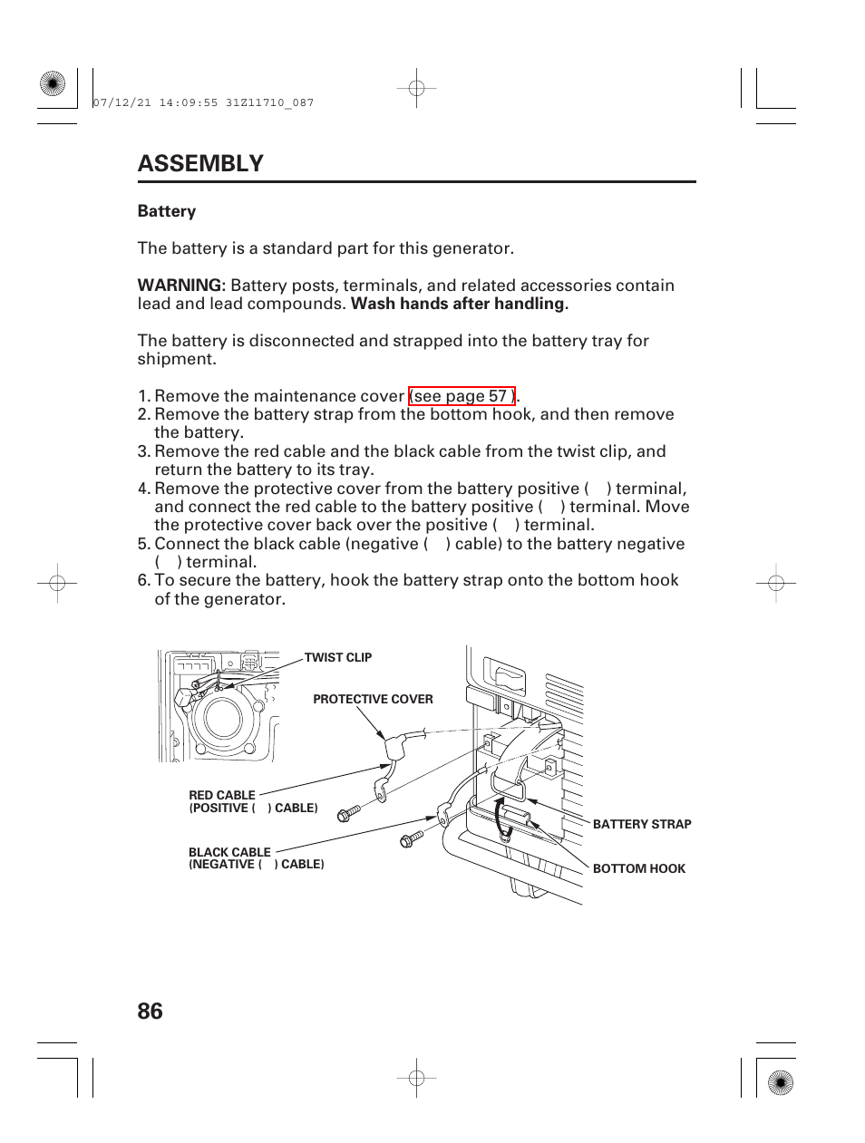 Battery, 86 assembly | HONDA EM5000is User Manual | Page 88 / 104
