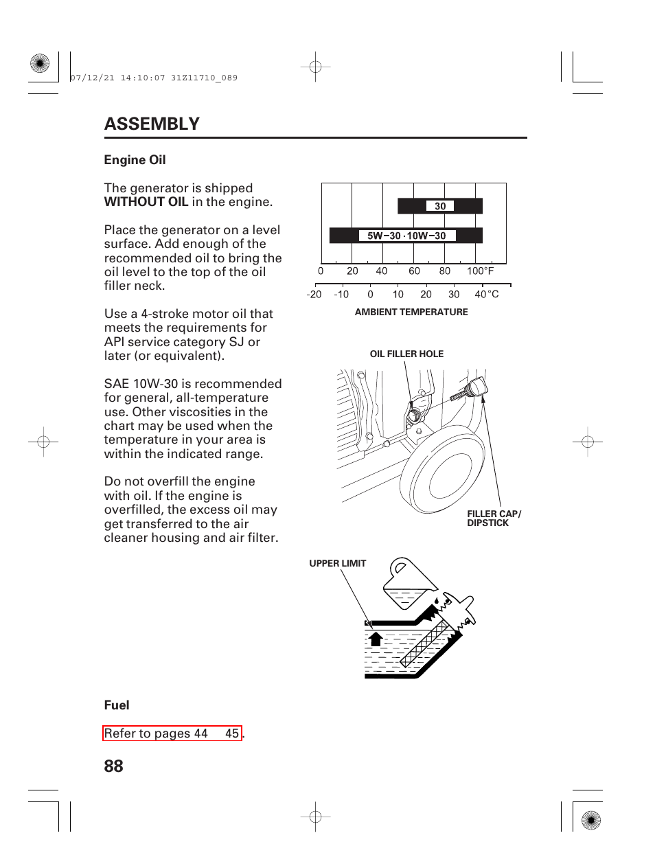 Engine oil, Fuel, 88 assembly | HONDA EM5000is User Manual | Page 90 / 104