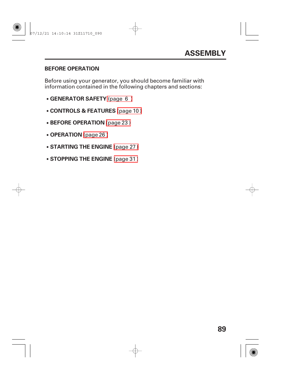 Before operation, 89 assembly | HONDA EM5000is User Manual | Page 91 / 104