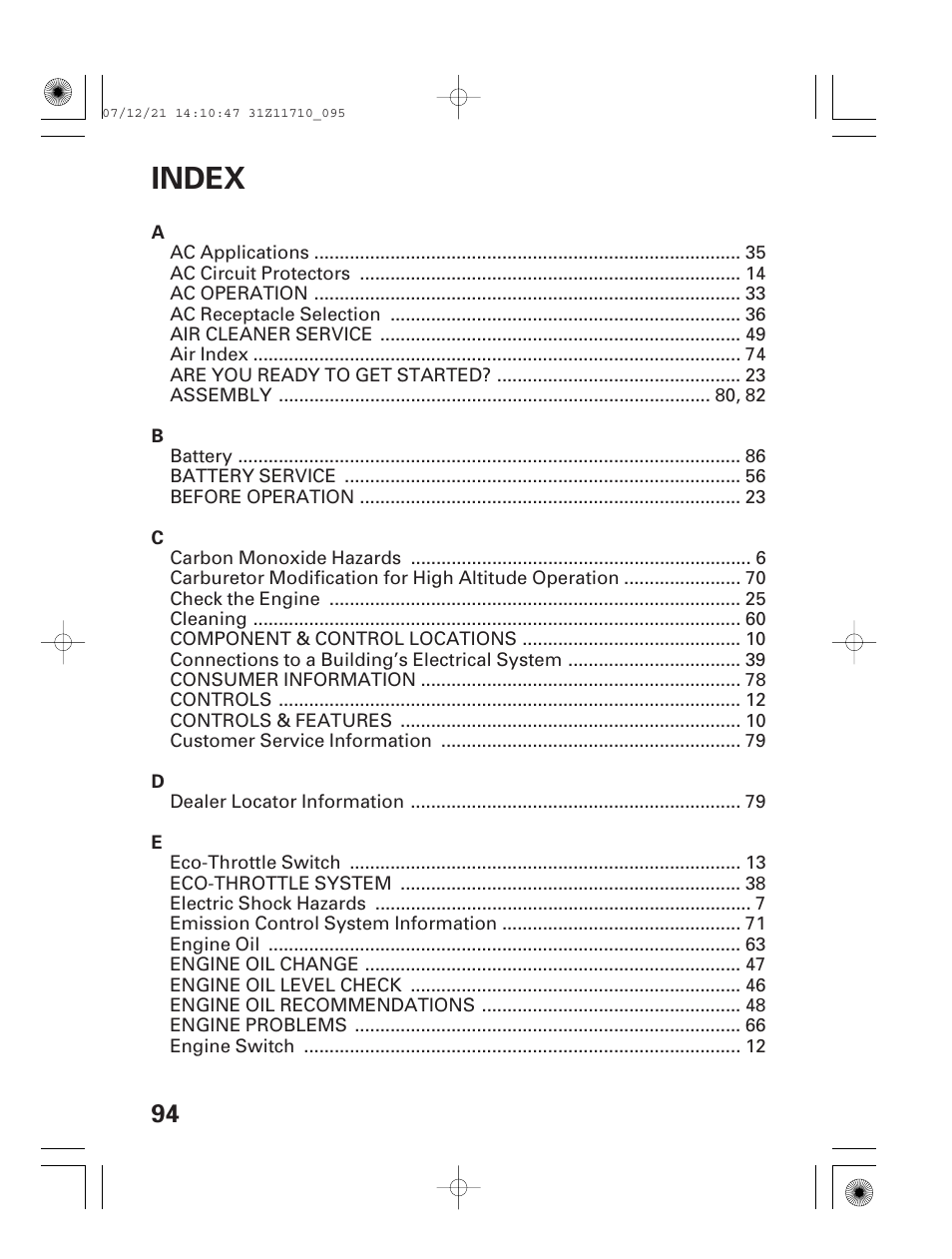 Index | HONDA EM5000is User Manual | Page 96 / 104