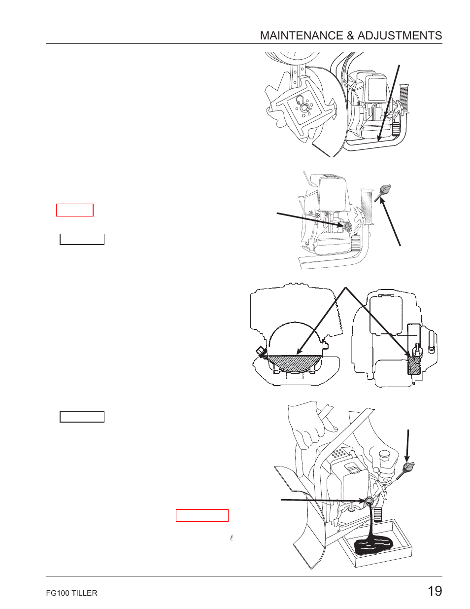 Engine oil level check, Engine oil change, Maintenance & adjustments | HONDA HARMONY FG100 User Manual | Page 21 / 53