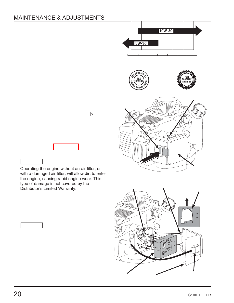 Engine oil recommendations, Air filter inspection, Maintenance & adjustments | HONDA HARMONY FG100 User Manual | Page 22 / 53