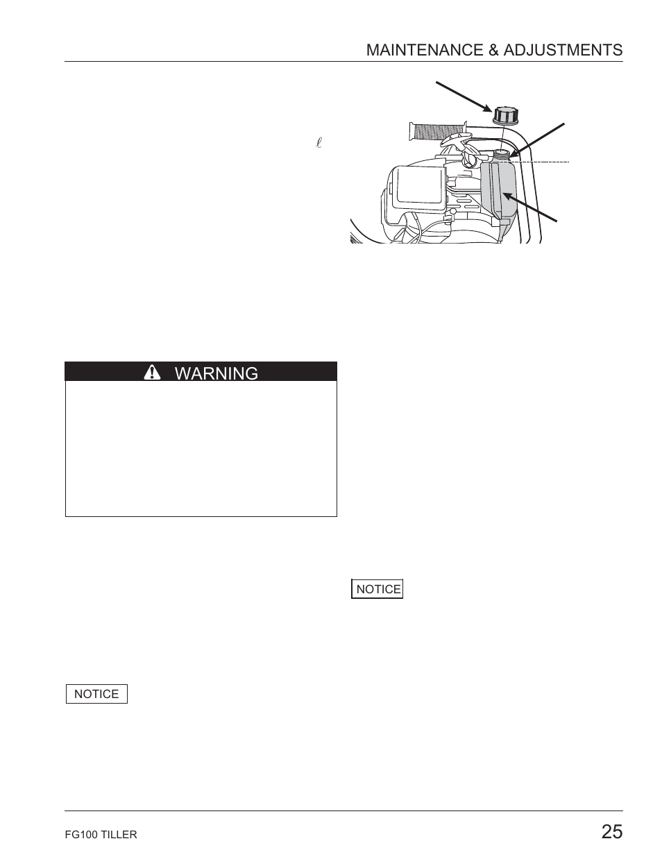 Fuel system, Refueling, Fuel recommendations | B warning, Maintenance & adjustments | HONDA HARMONY FG100 User Manual | Page 27 / 53