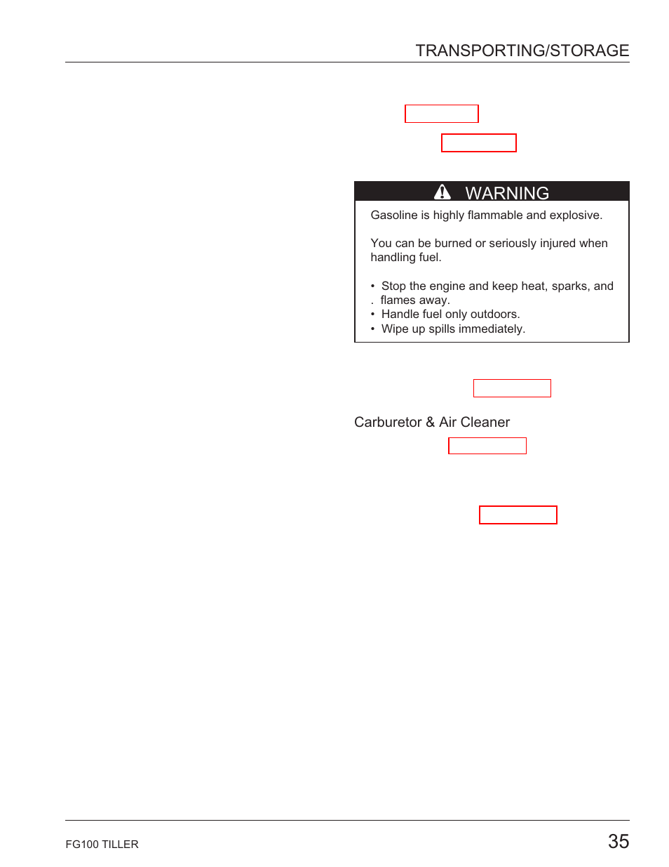 Fuel, Draining the fuel tank and carburetor, Engine oil | Carburetor & air cleaner, Engine cylinder, B warning, Transporting/storage | HONDA HARMONY FG100 User Manual | Page 37 / 53