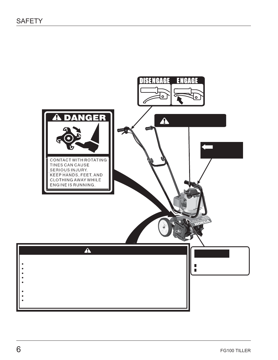 Safety label locations, Hot / chaud, Notice | Safety, Dise ngage e ngage, Warning | HONDA HARMONY FG100 User Manual | Page 8 / 53