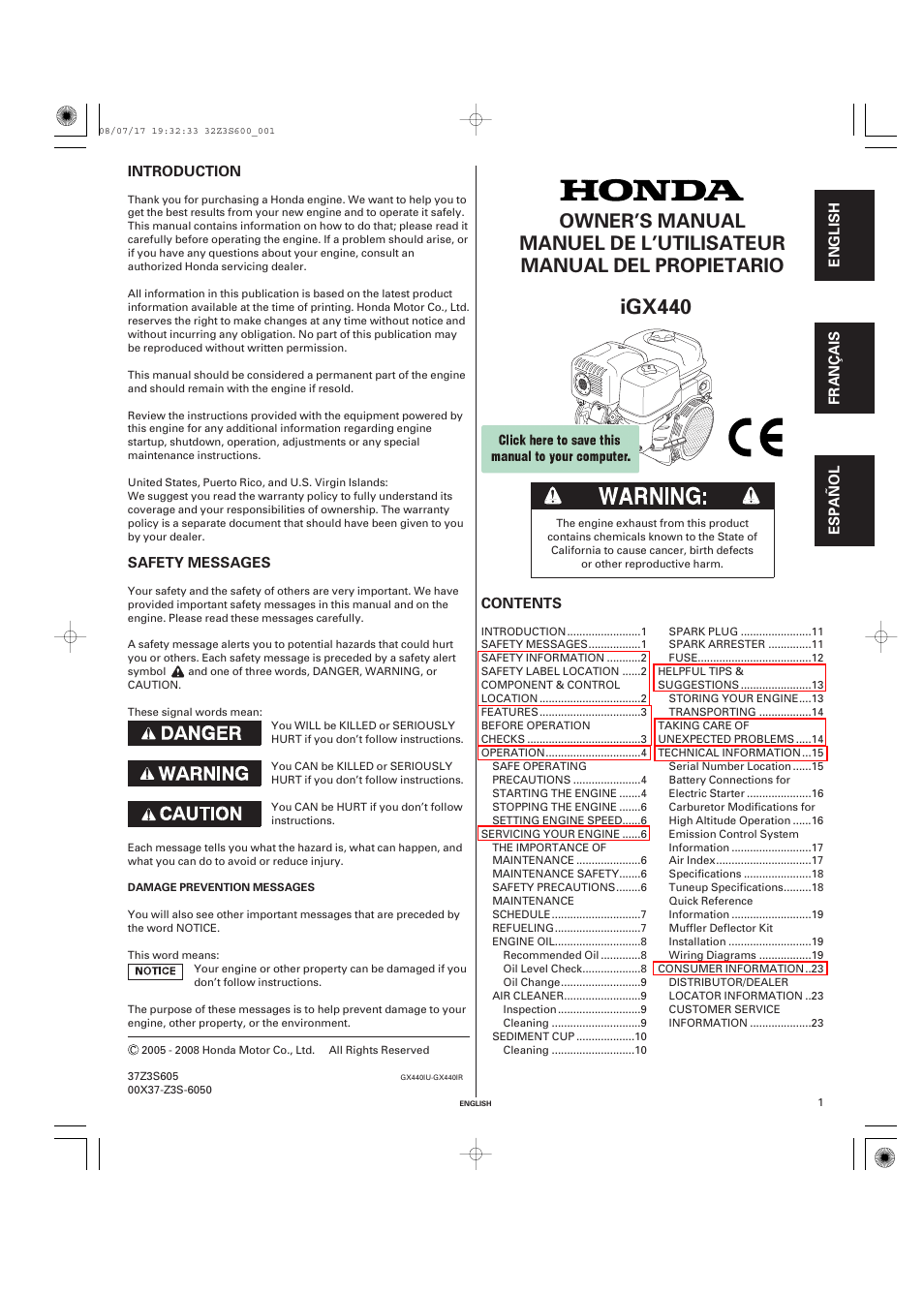 HONDA IGX440 User Manual | 70 pages