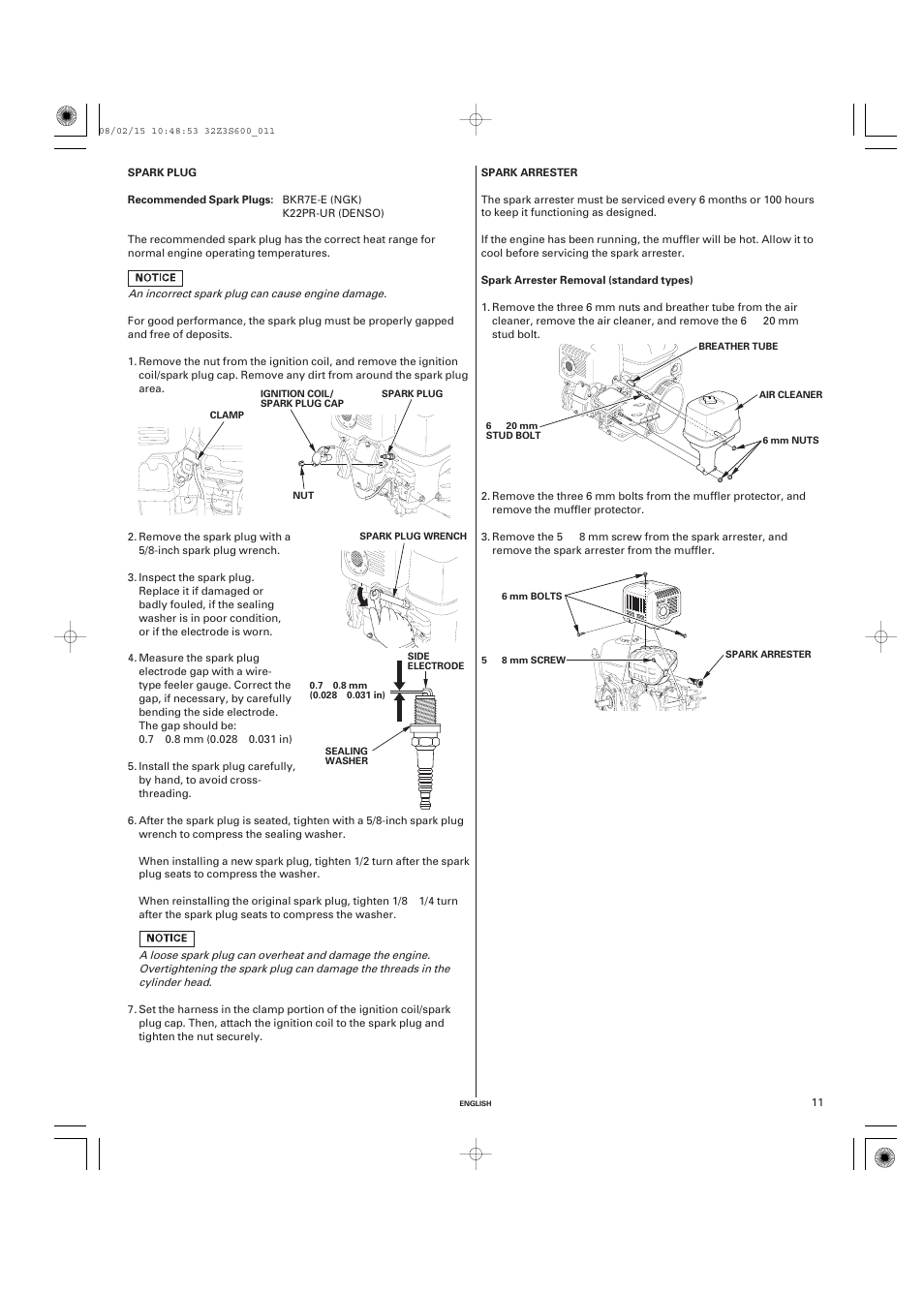 Spark plug, Recommended spark plugs, Spark arrester | Removal | HONDA IGX440 User Manual | Page 11 / 70
