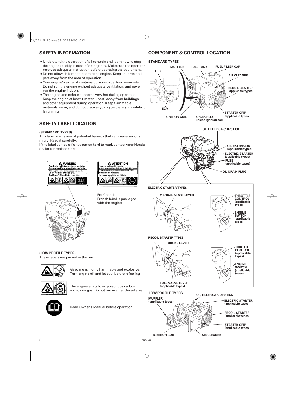 Safety information, Safety label location, Component & control location | Component & control, Location | HONDA IGX440 User Manual | Page 2 / 70