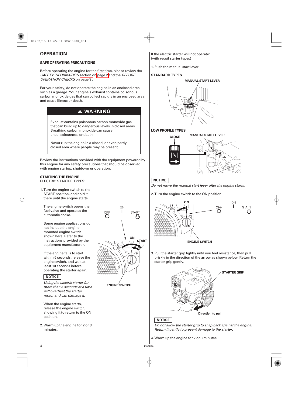 Operation, Safe operating precautions, Starting the engine | HONDA IGX440 User Manual | Page 4 / 70