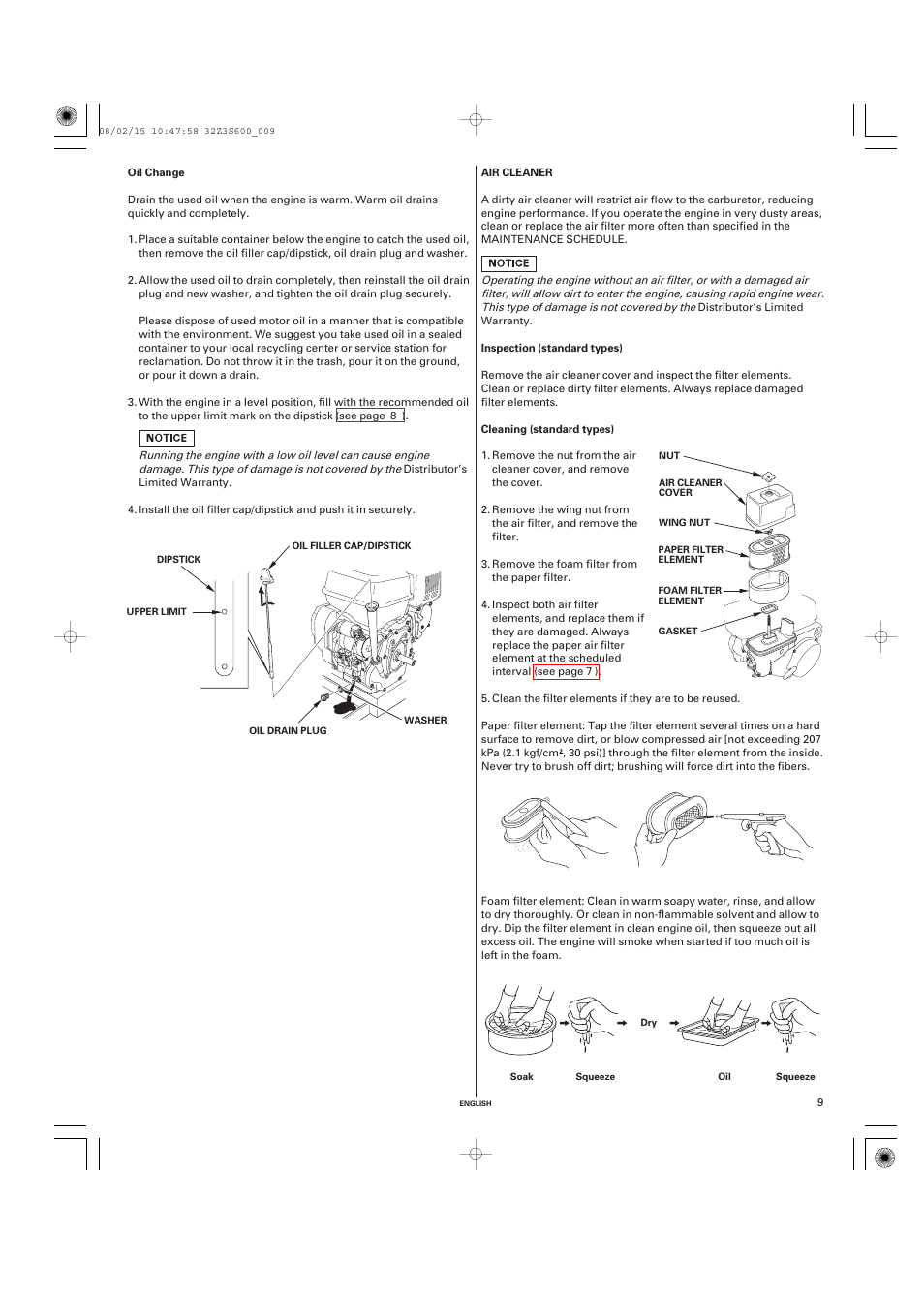 Oil change, Air cleaner, Inspection | Cleaning | HONDA IGX440 User Manual | Page 9 / 70