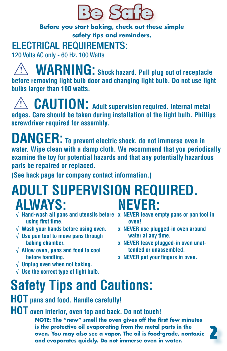 Cookbook, Be safe, Warning | Caution, Danger, Adult supervision required. always, Never, Safety tips and cautions, Electrical requirements | Hasbro 35229 User Manual | Page 2 / 12