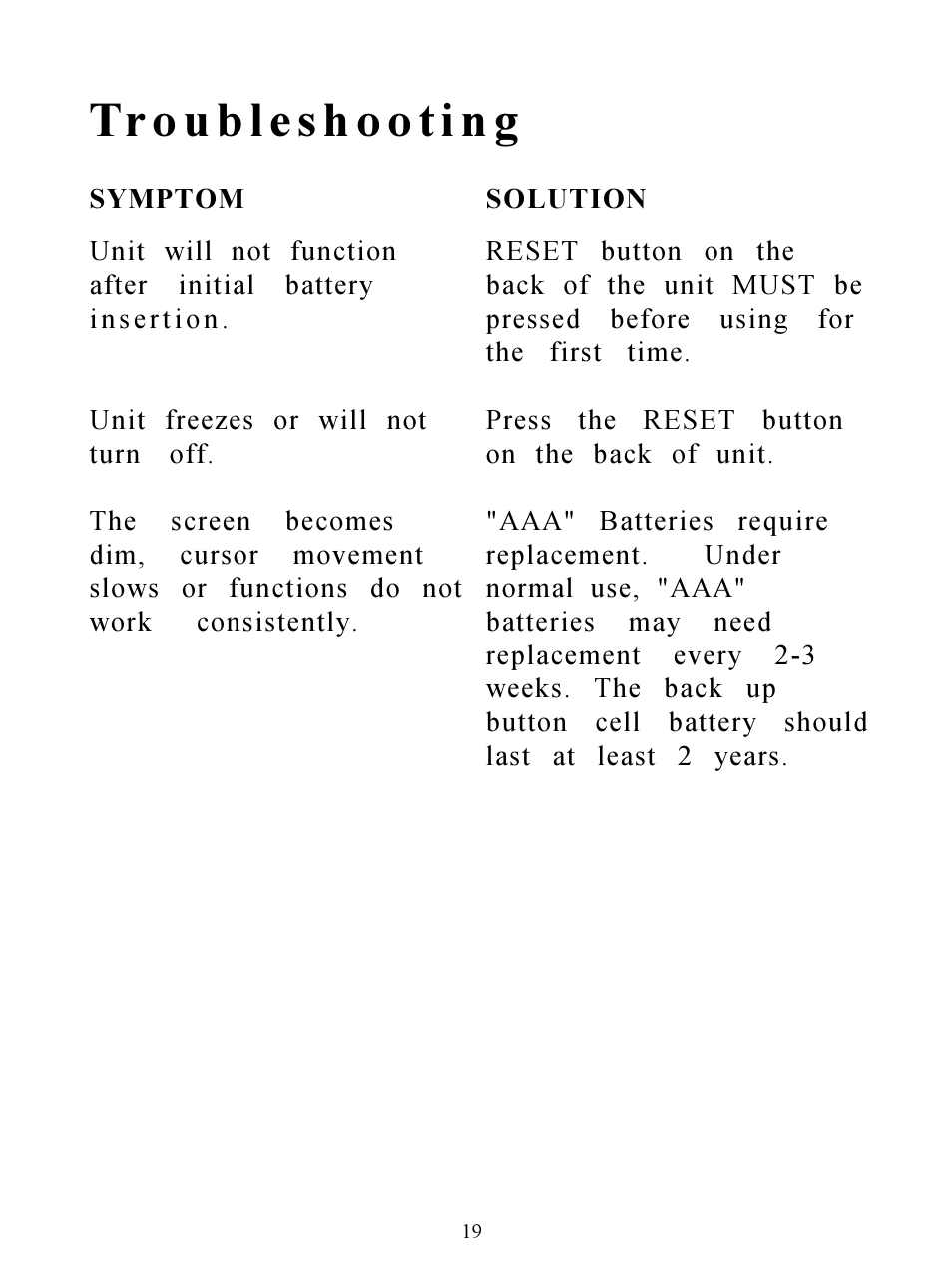 Troubleshooting | Hasbro Clueless Organizer 71-533 User Manual | Page 19 / 26