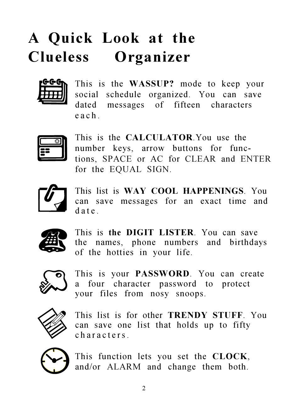 A quick look at the clueless organizer | Hasbro Clueless Organizer 71-533 User Manual | Page 2 / 26