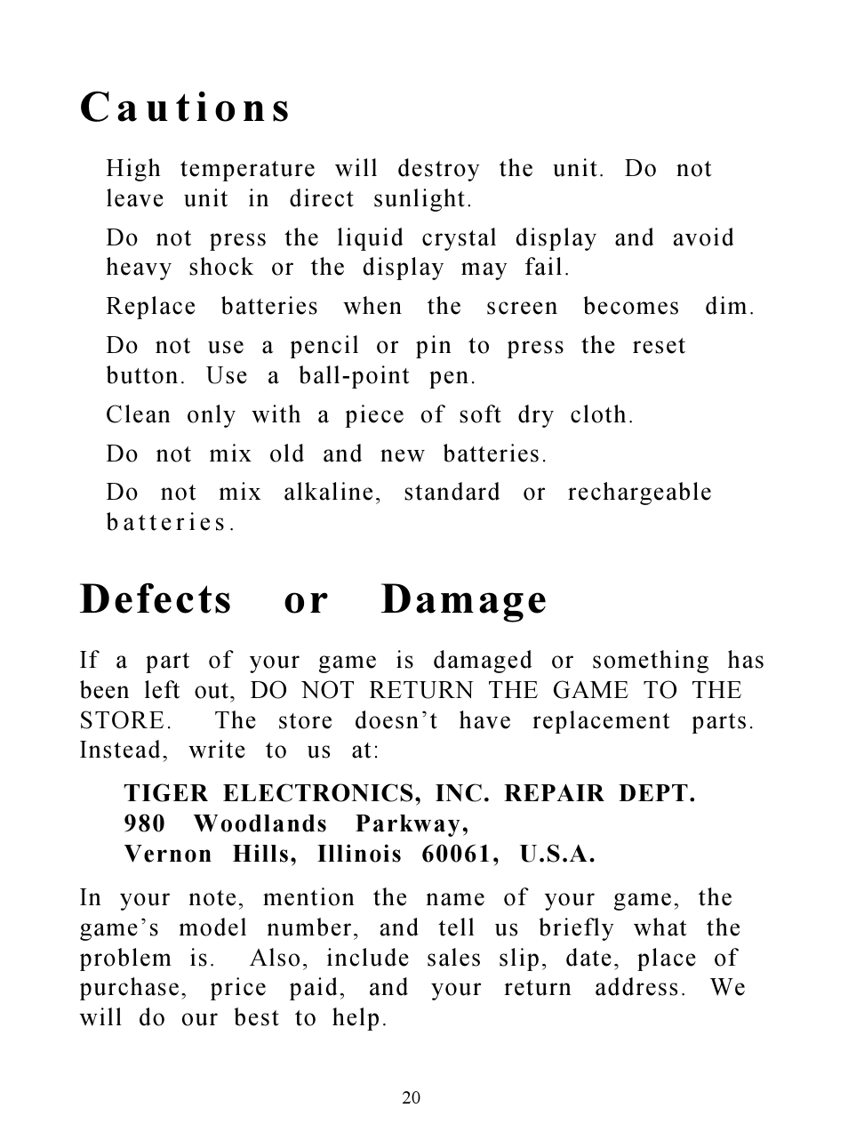 Defects or damage | Hasbro Clueless Organizer 71-533 User Manual | Page 20 / 26
