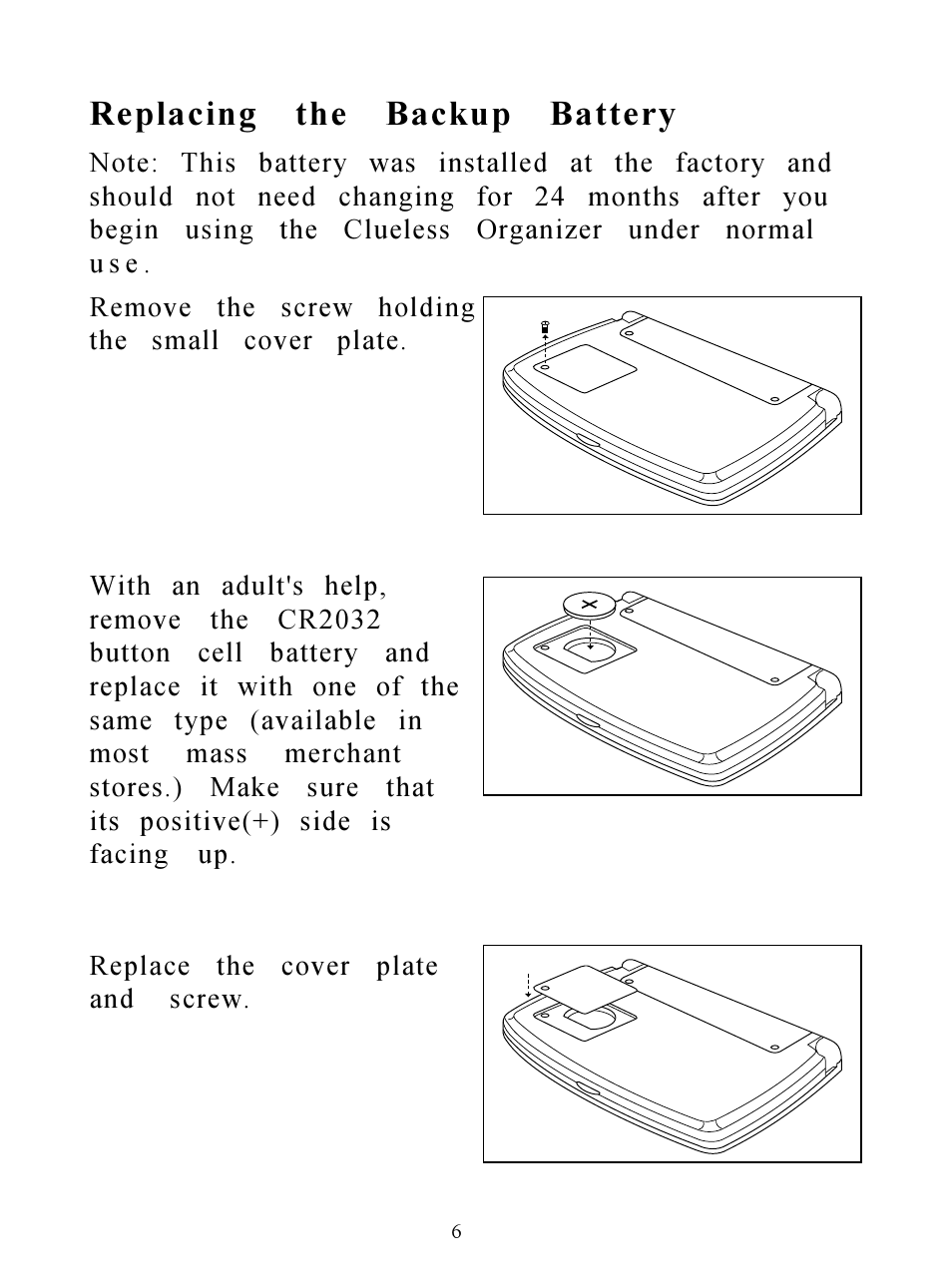 Replacing the backup battery | Hasbro Clueless Organizer 71-533 User Manual | Page 6 / 26