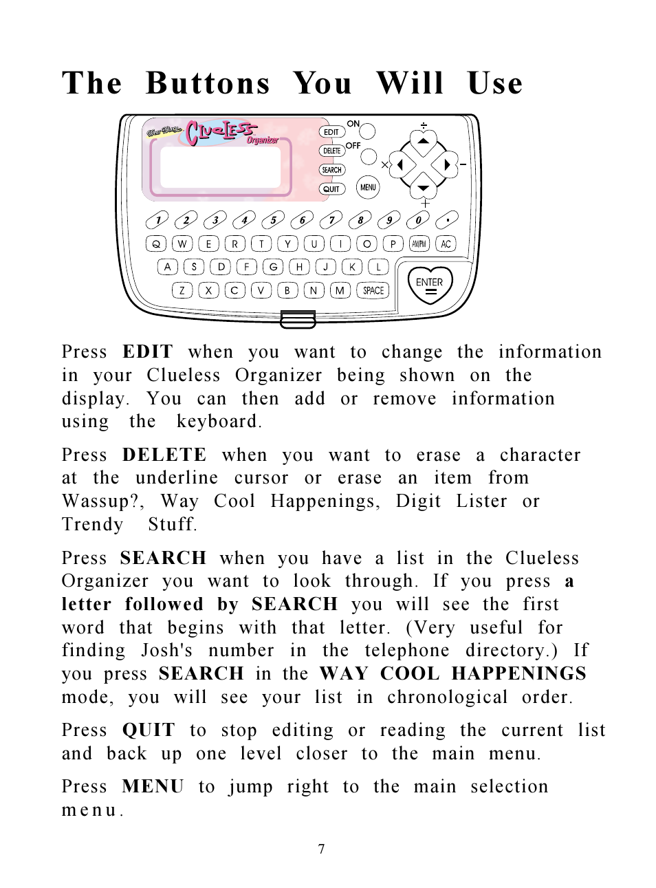 The buttons you will use | Hasbro Clueless Organizer 71-533 User Manual | Page 7 / 26