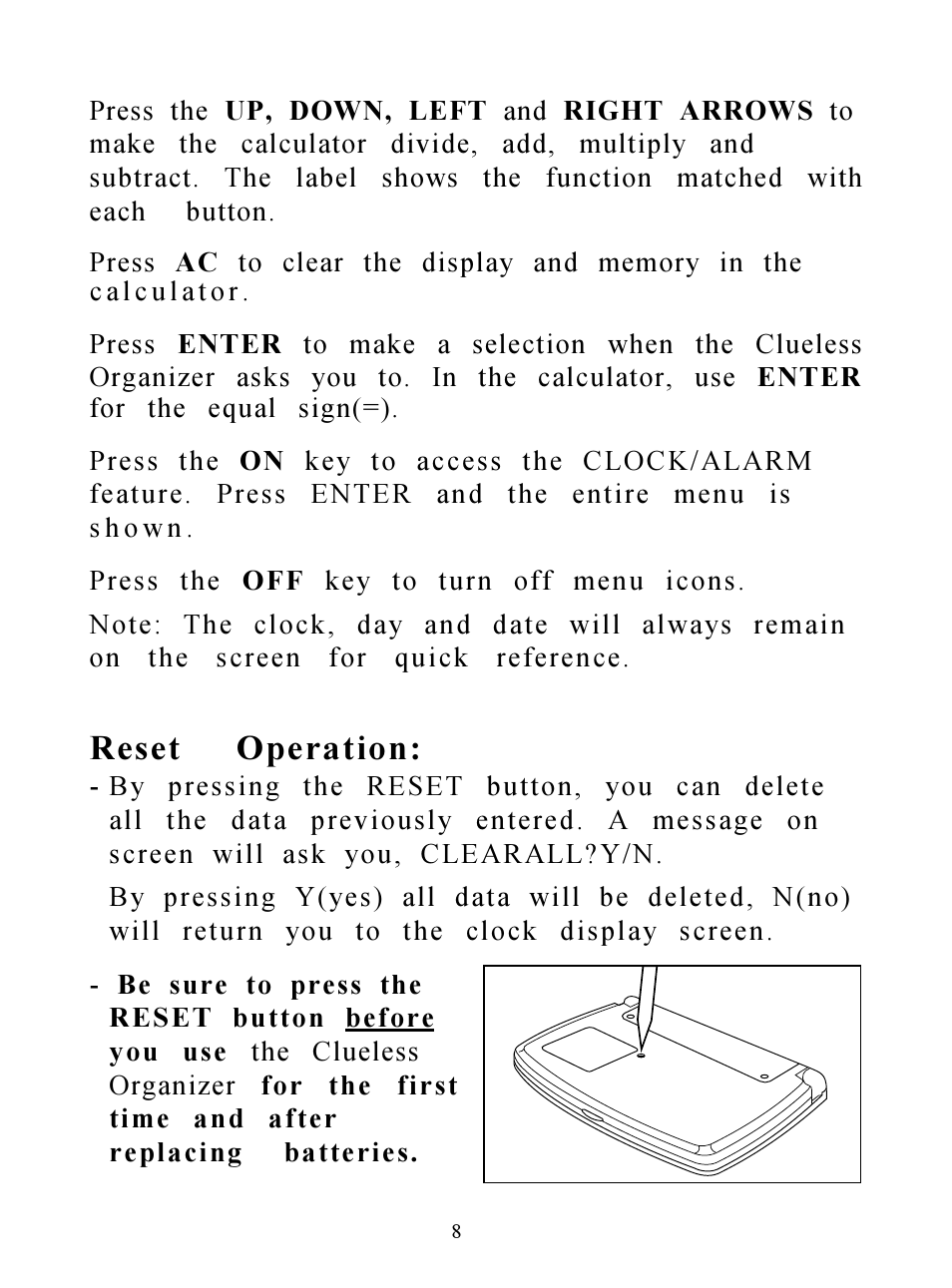 Reset operation | Hasbro Clueless Organizer 71-533 User Manual | Page 8 / 26