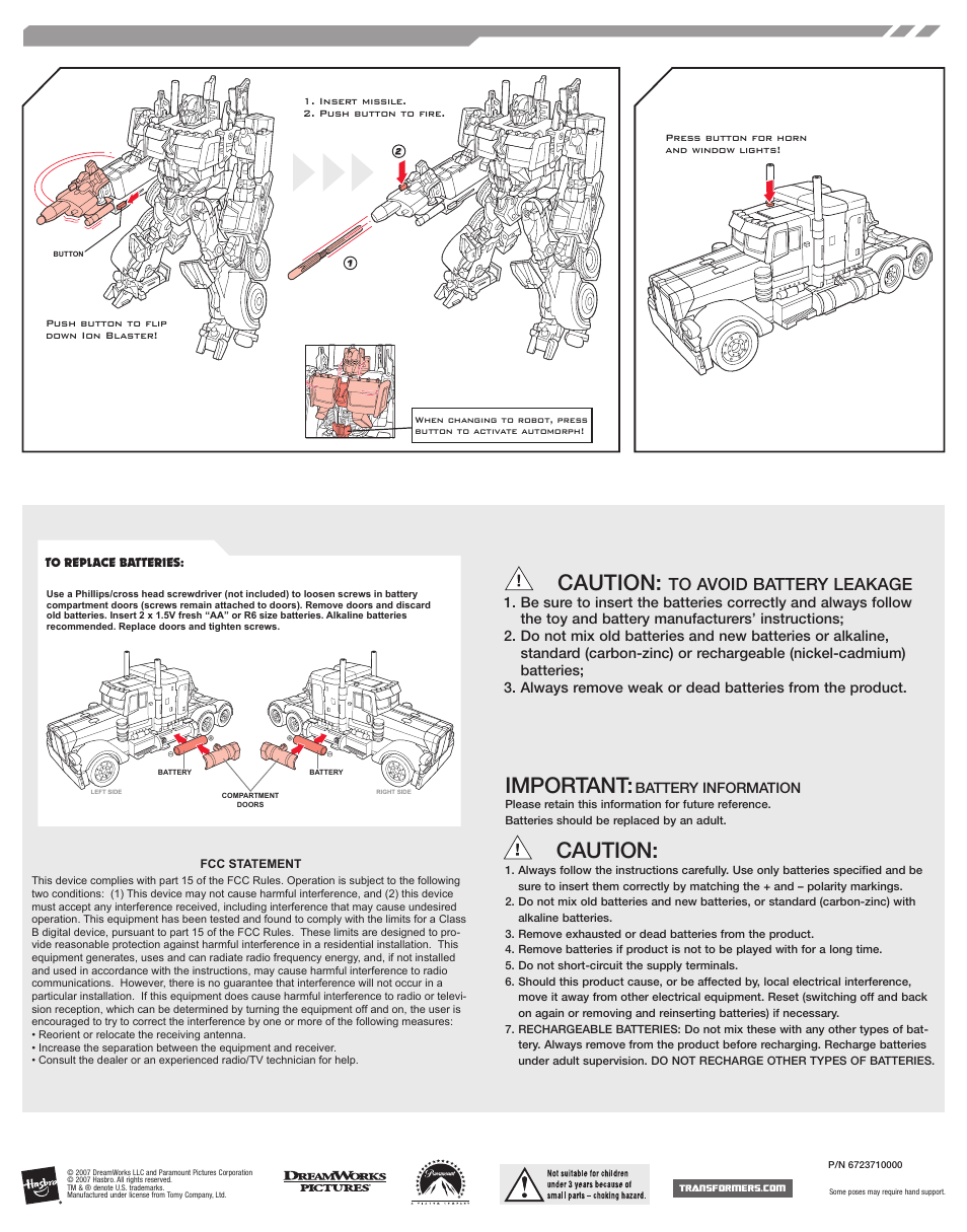 Important, Caution | Hasbro Trans Formers 83808 User Manual | Page 2 / 2