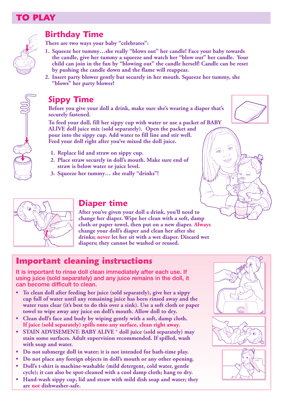 Sippy time, Important cleaning instructions, Birthday time | Hasbro Baby Alive Sip 'N Slurp Doll 18920 User Manual | Page 2 / 4
