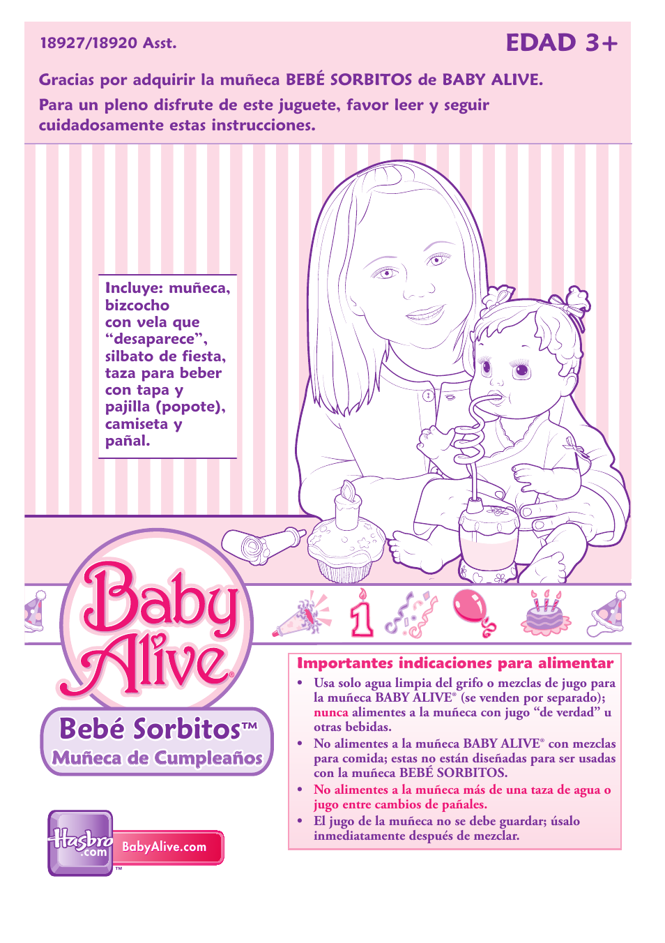 Bebé sorbitos, Edad 3, Muñeca de cumpleaños | Hasbro Baby Alive Sip 'N Slurp Doll 18920 User Manual | Page 3 / 4