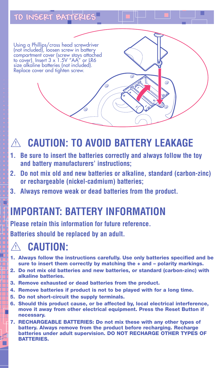 Important: battery information, Caution, Caution: to avoid battery leakage | Hasbro 62975 User Manual | Page 2 / 4