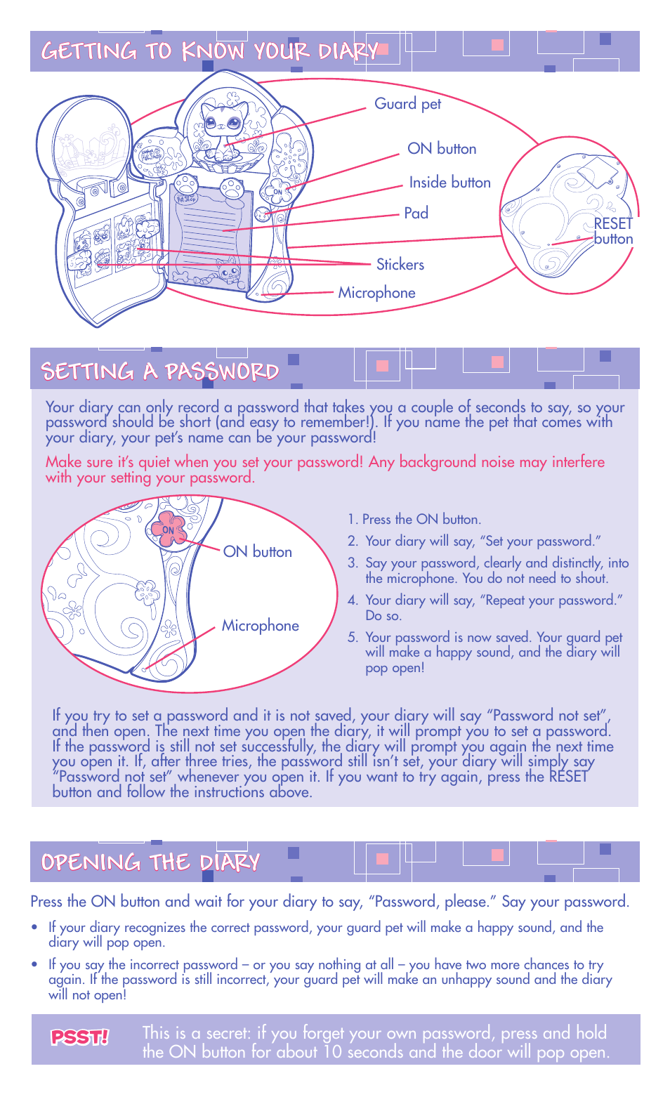 Getting to know your diary, Opening the diary setting a password | Hasbro 62975 User Manual | Page 3 / 4